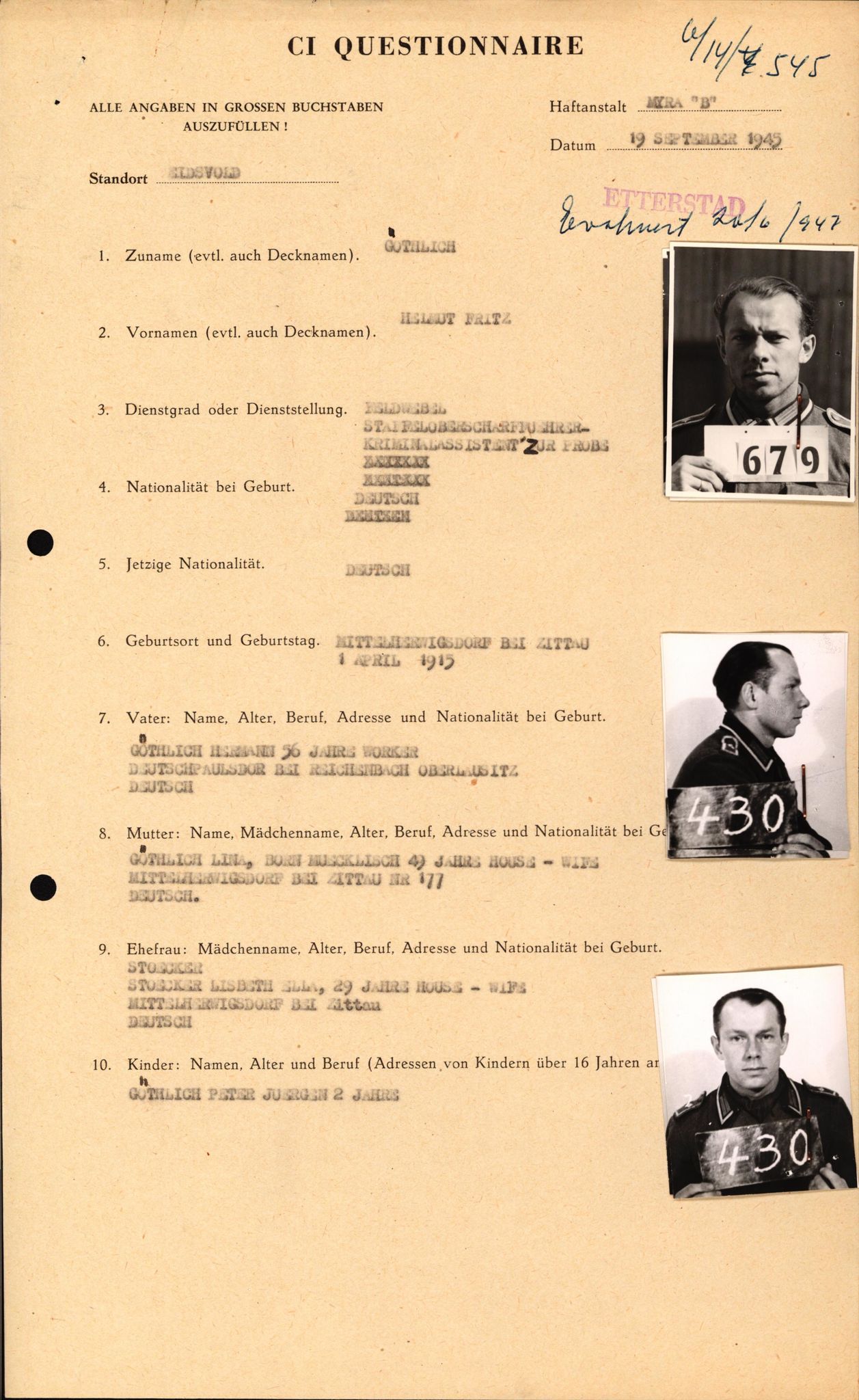 Forsvaret, Forsvarets overkommando II, AV/RA-RAFA-3915/D/Db/L0011: CI Questionaires. Tyske okkupasjonsstyrker i Norge. Tyskere., 1945-1946, p. 47