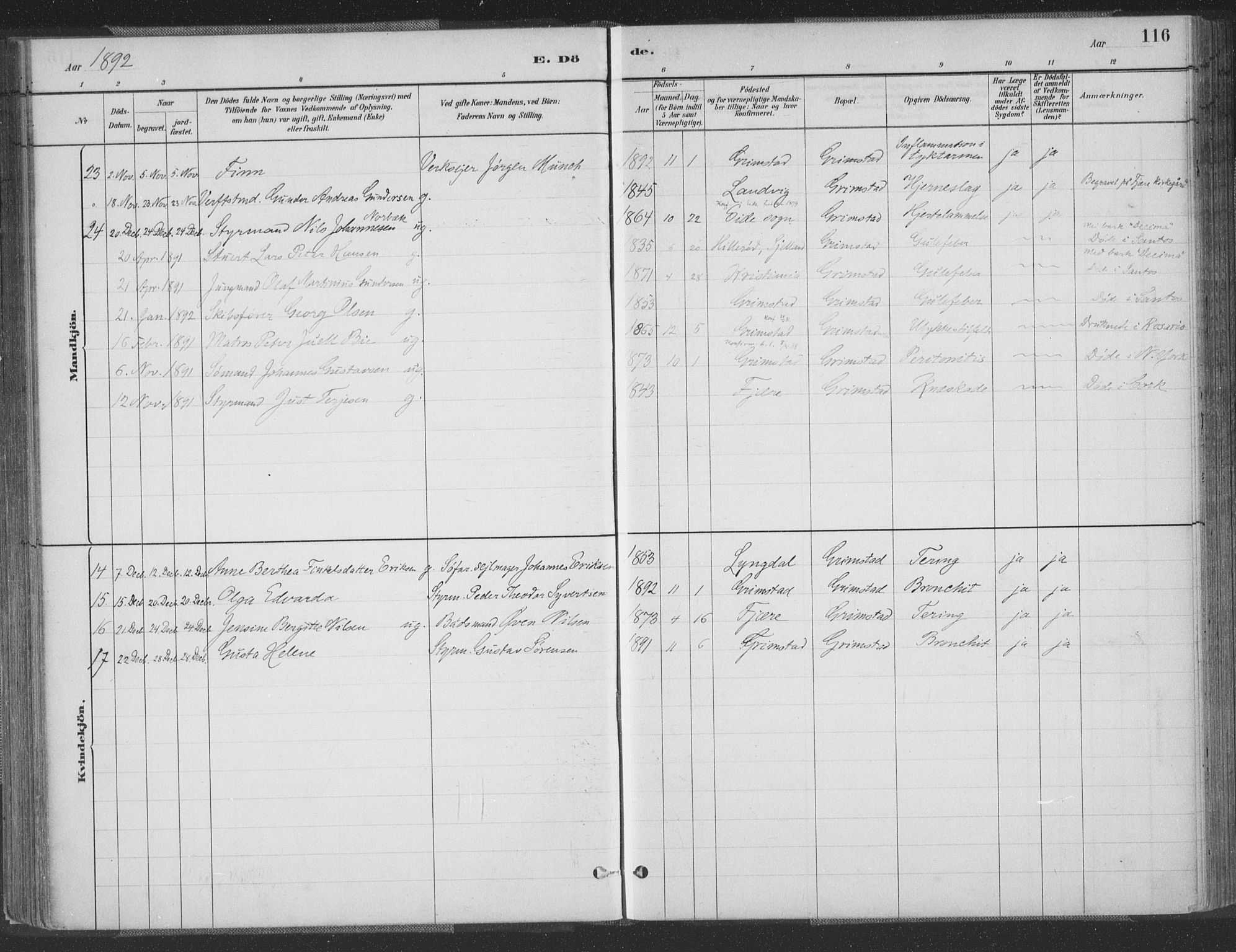 Grimstad sokneprestkontor, AV/SAK-1111-0017/F/Fa/L0004: Parish register (official) no. A 3, 1882-1910, p. 116