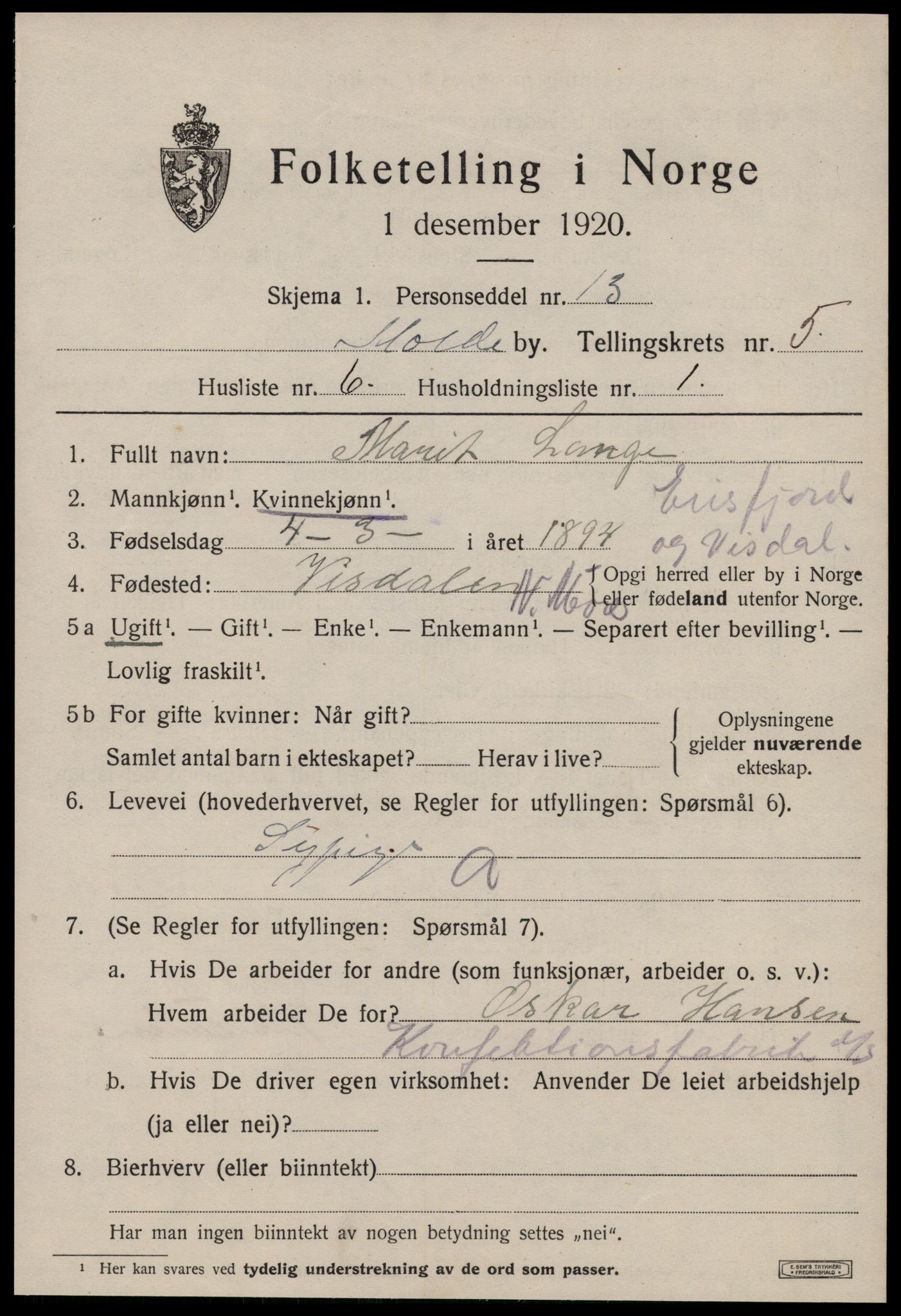 SAT, 1920 census for Molde, 1920, p. 6797