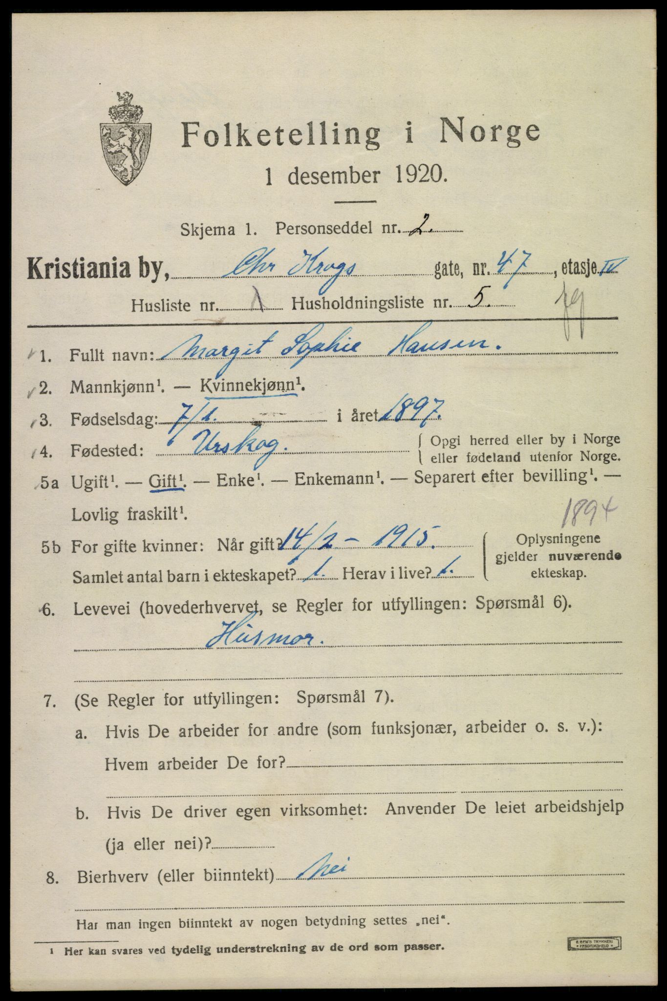 SAO, 1920 census for Kristiania, 1920, p. 184597