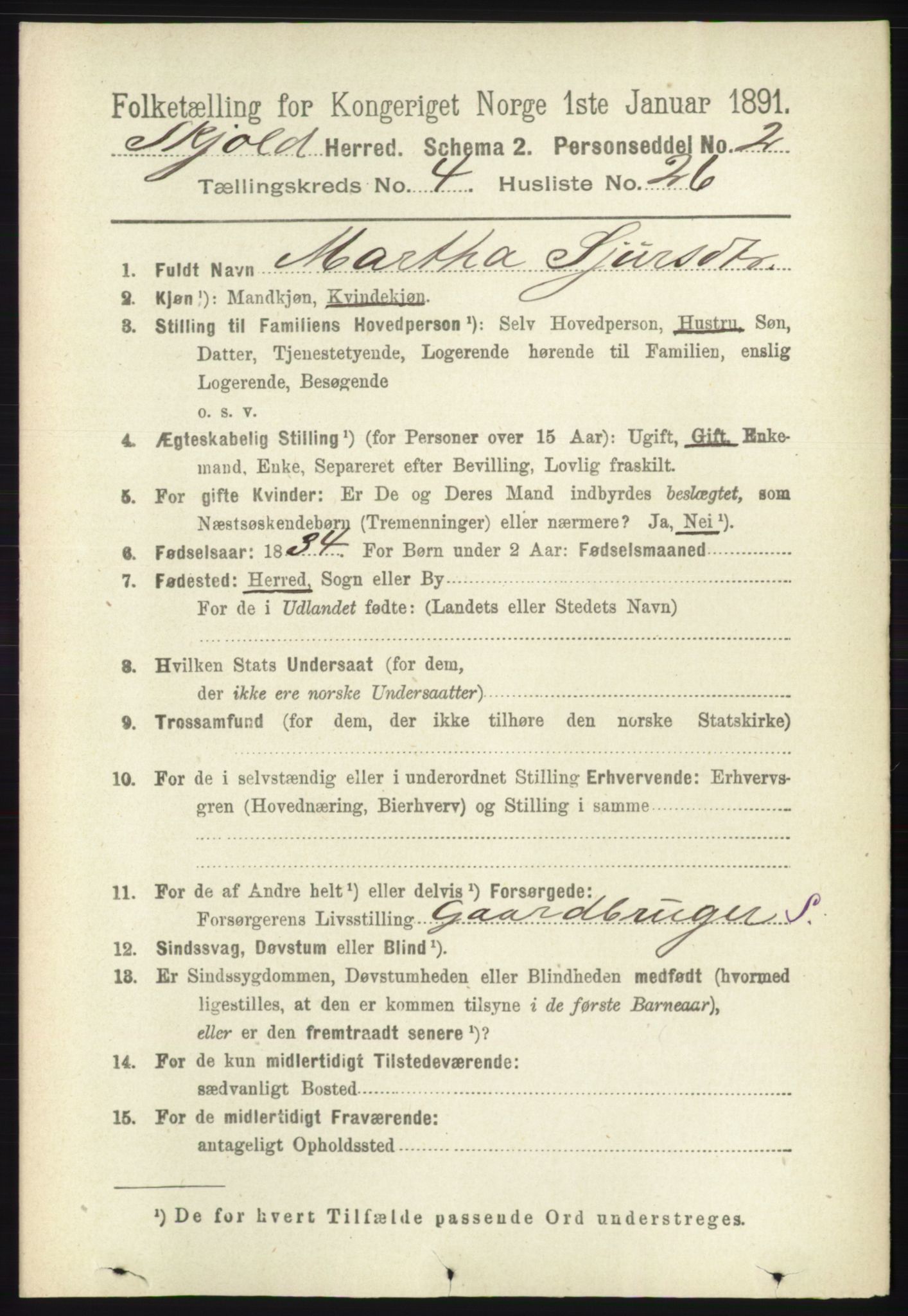 RA, 1891 census for 1154 Skjold, 1891, p. 660