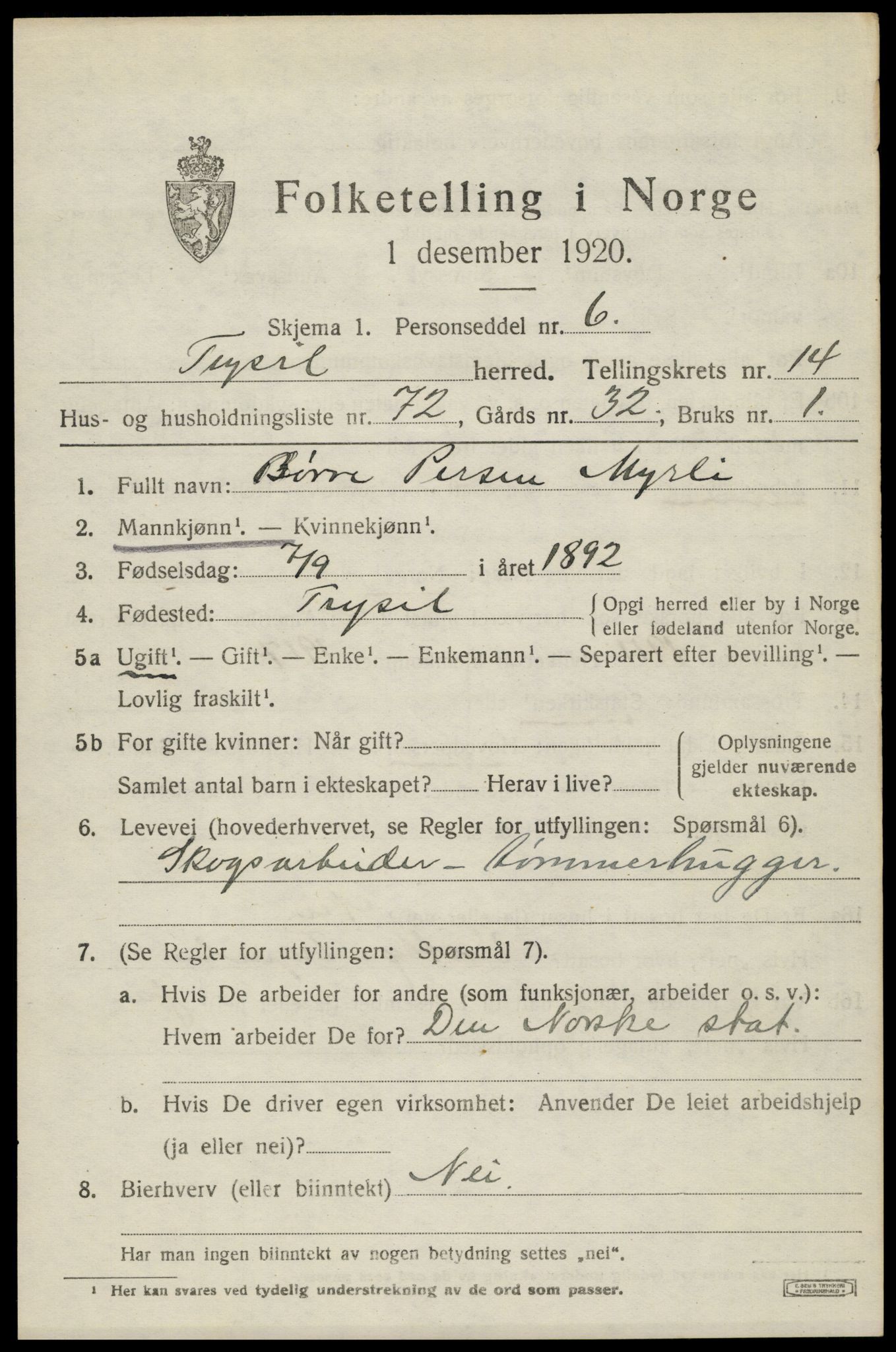 SAH, 1920 census for Trysil, 1920, p. 8757