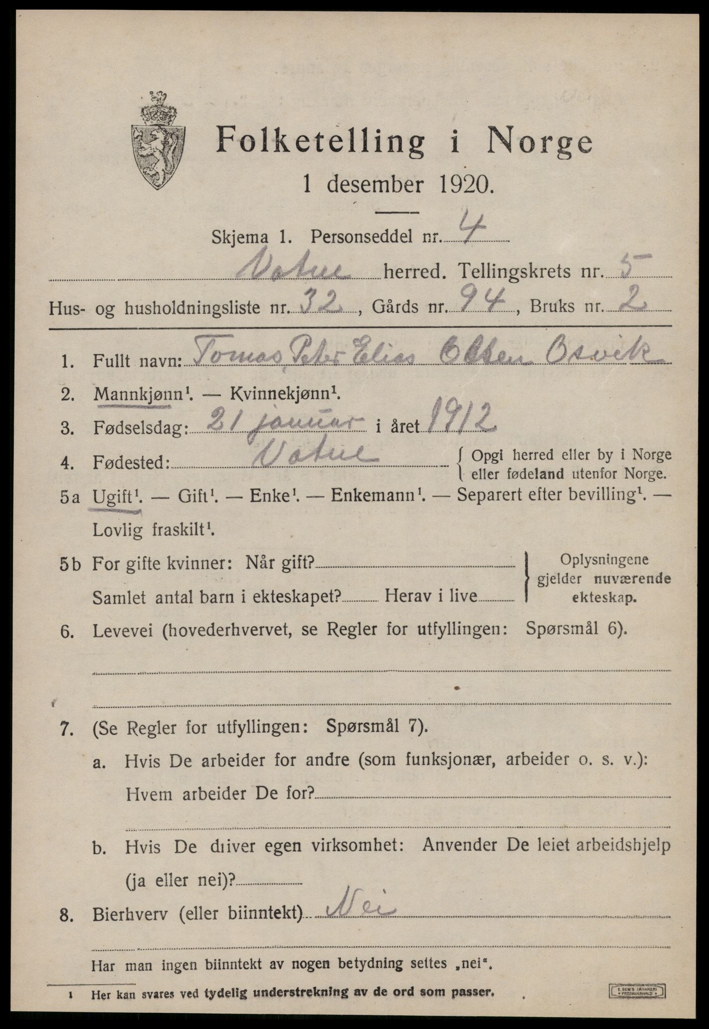 SAT, 1920 census for Vatne, 1920, p. 2636