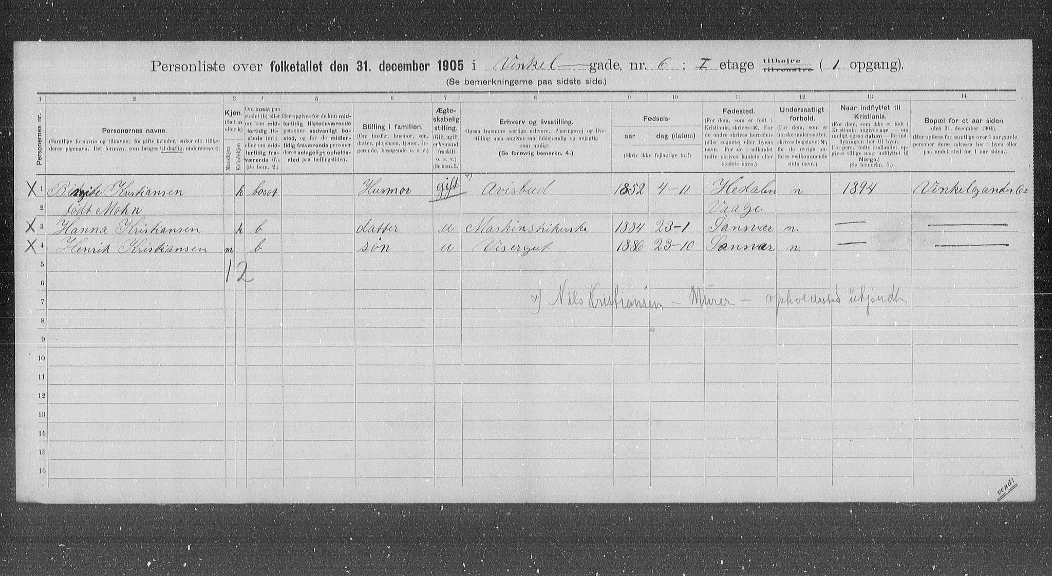 OBA, Municipal Census 1905 for Kristiania, 1905, p. 65295