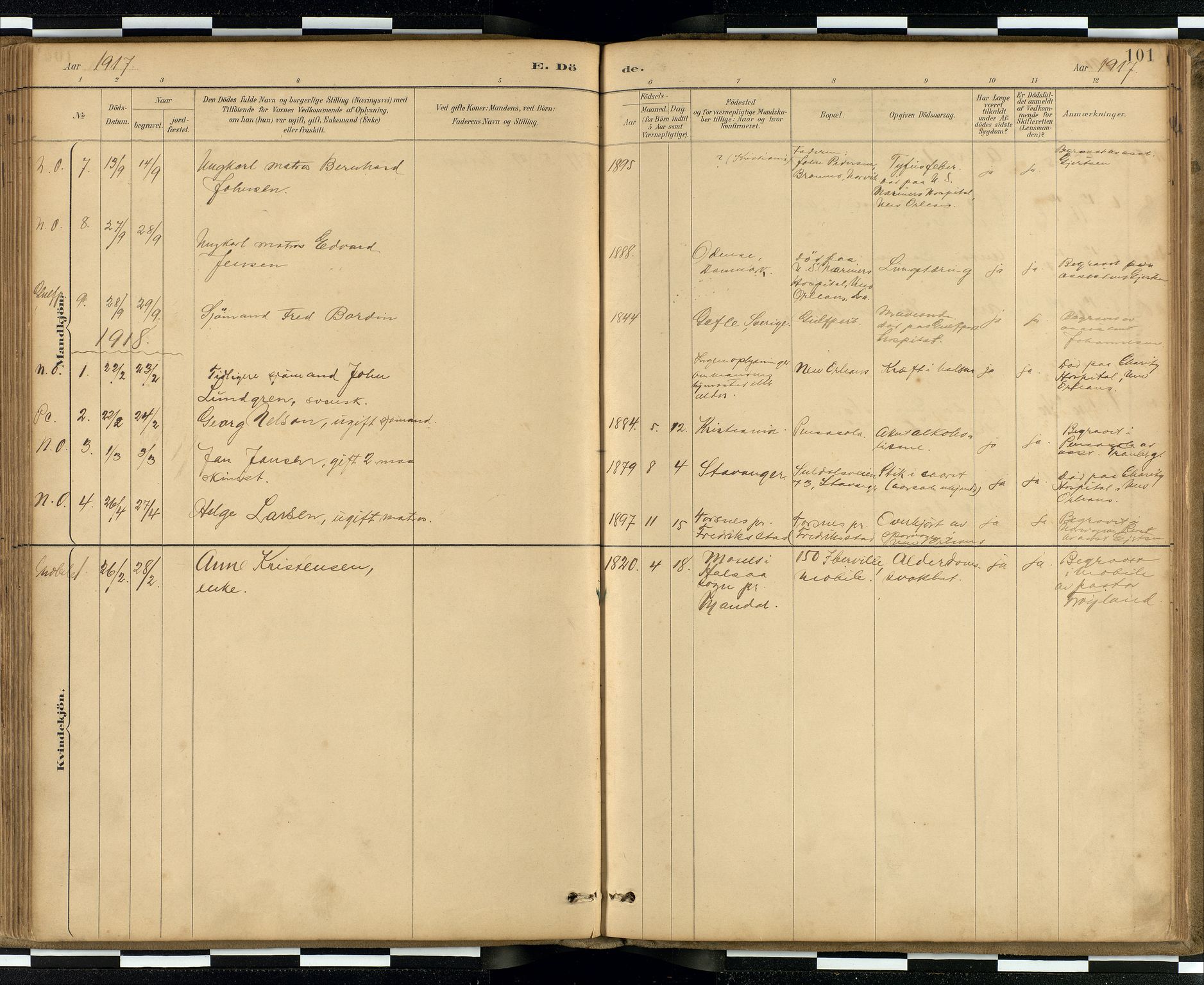 Den norske sjømannsmisjon i utlandet / Quebec (Canada) samt Pensacola--Savannah-Mobile-New Orleans-Gulfport (Gulfhamnene i USA), SAB/SAB/PA-0114/H/Ha/L0001: Parish register (official) no. A 1, 1887-1924, p. 100b-101a