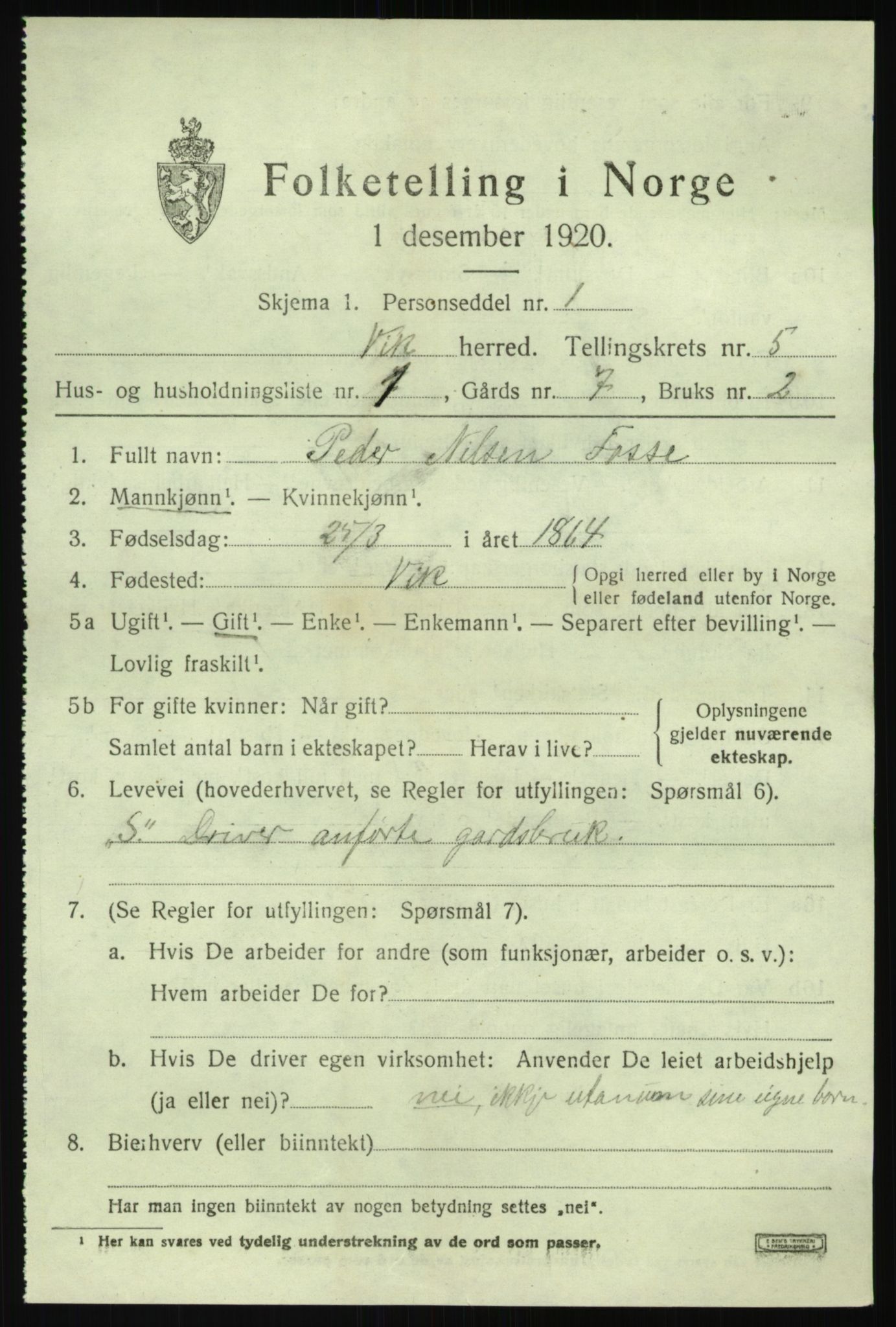 SAB, 1920 census for Vik, 1920, p. 3933