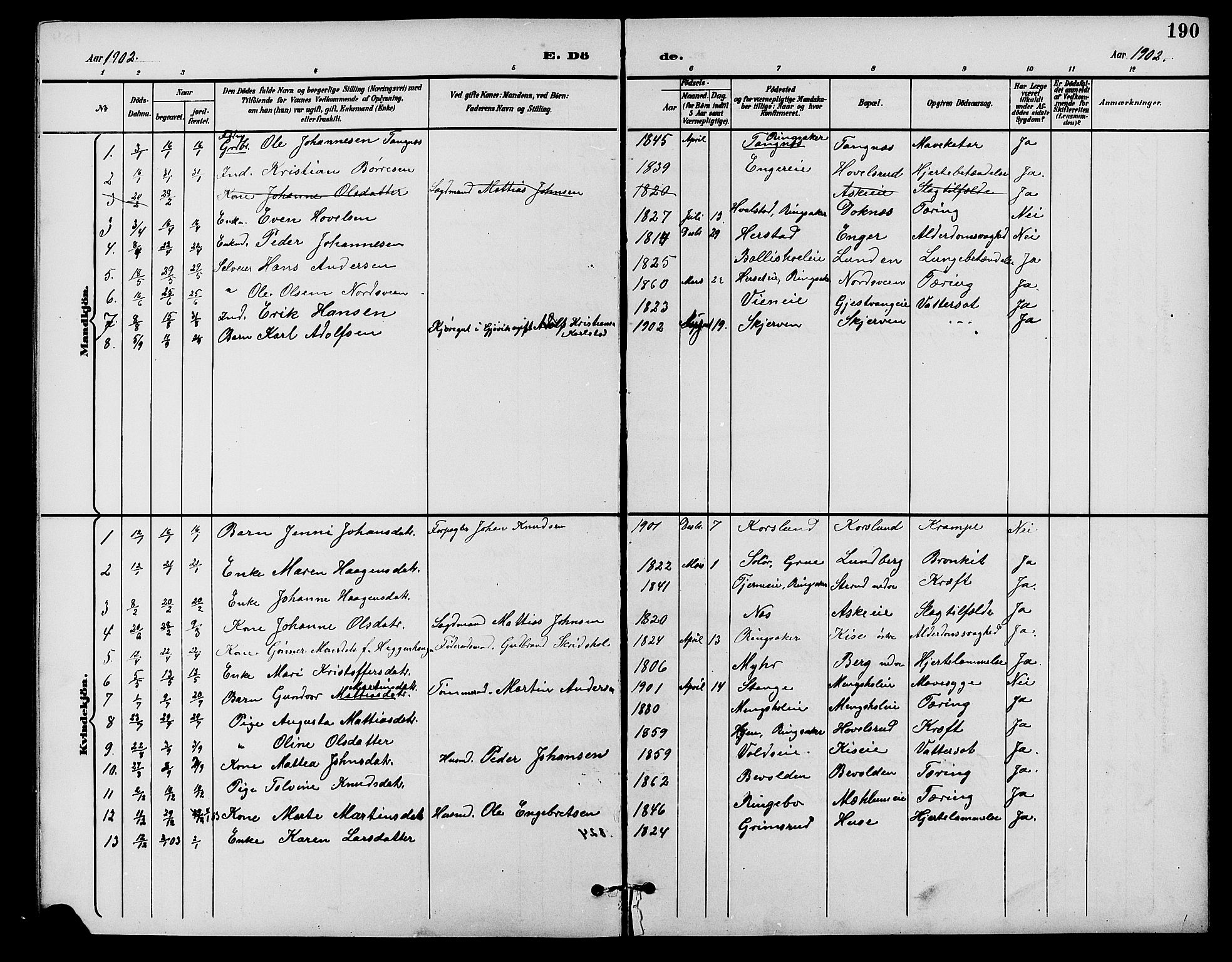 Nes prestekontor, Hedmark, AV/SAH-PREST-020/L/La/L0007: Parish register (copy) no. 7, 1892-1912, p. 190