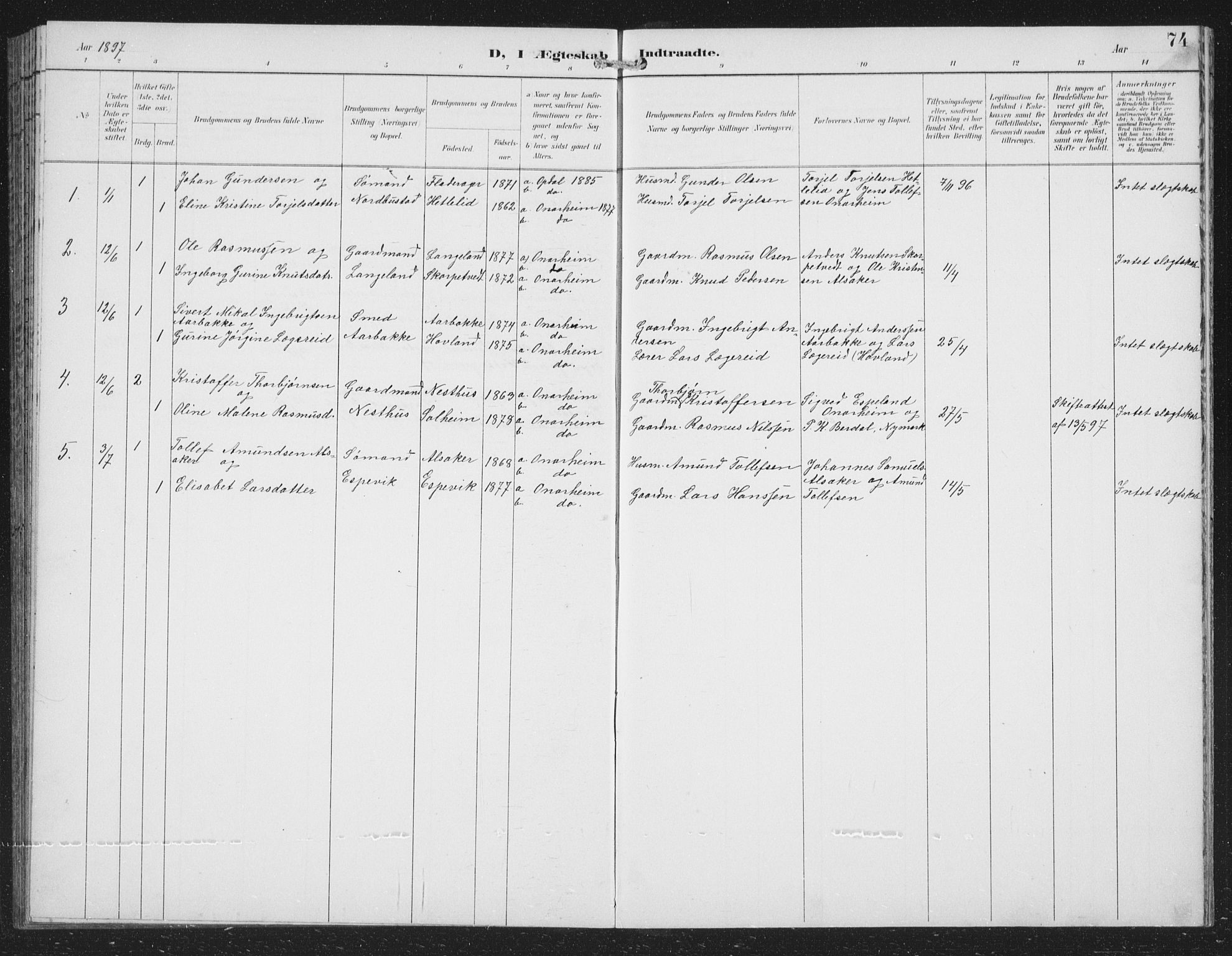 Tysnes sokneprestembete, SAB/A-78601/H/Hab: Parish register (copy) no. C 2, 1896-1907, p. 74