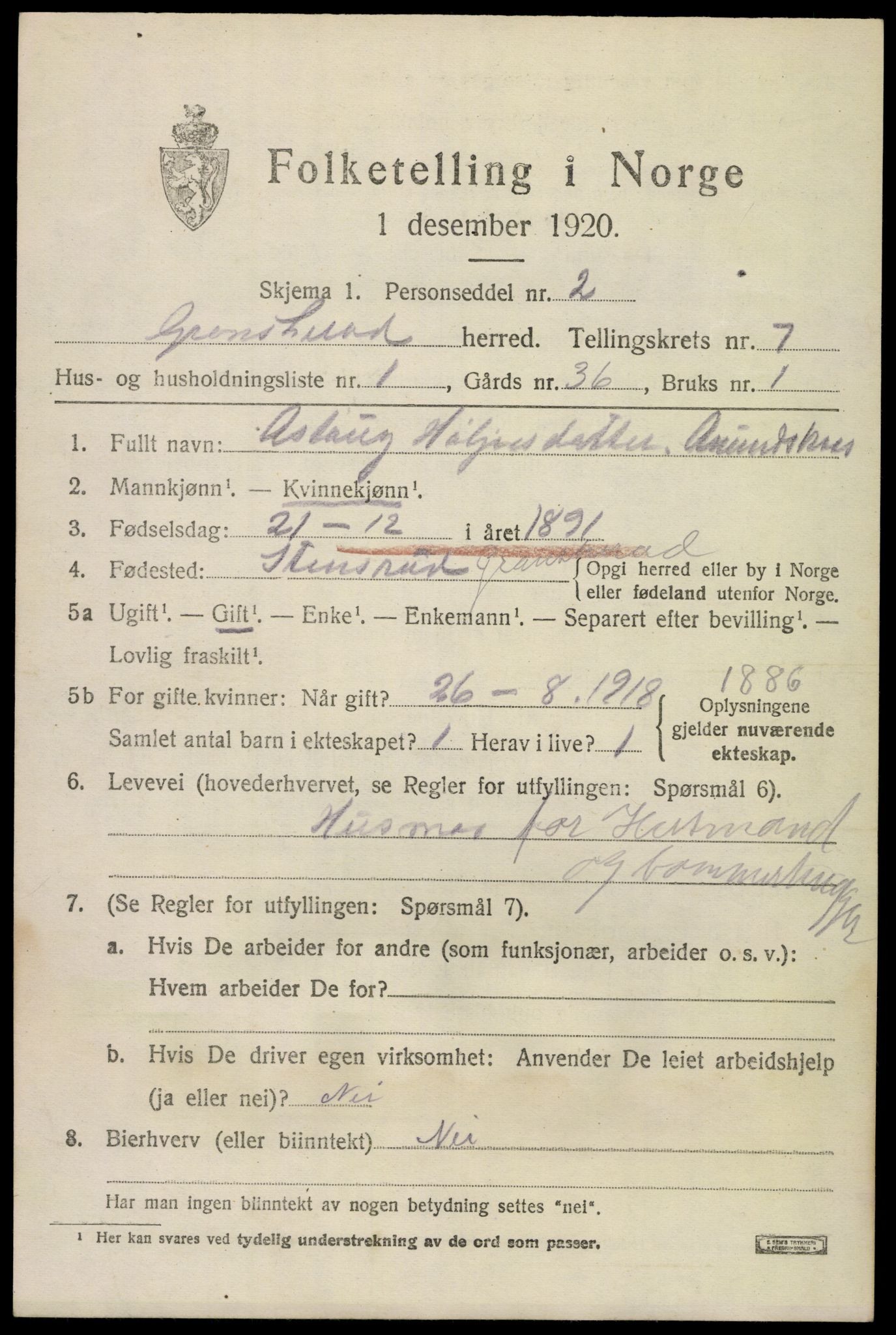 SAKO, 1920 census for Gransherad, 1920, p. 2726