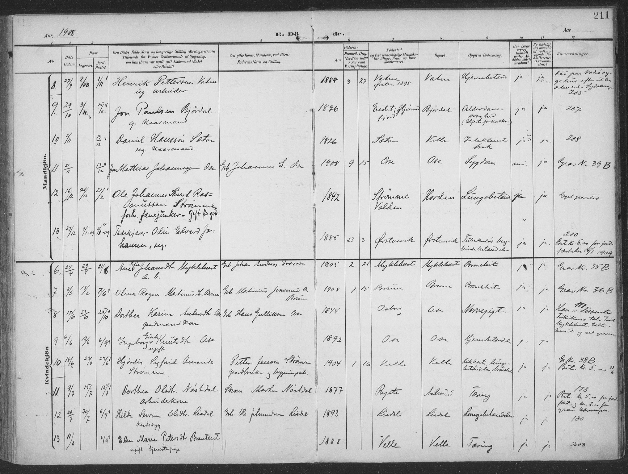 Ministerialprotokoller, klokkerbøker og fødselsregistre - Møre og Romsdal, SAT/A-1454/513/L0178: Parish register (official) no. 513A05, 1906-1919, p. 211