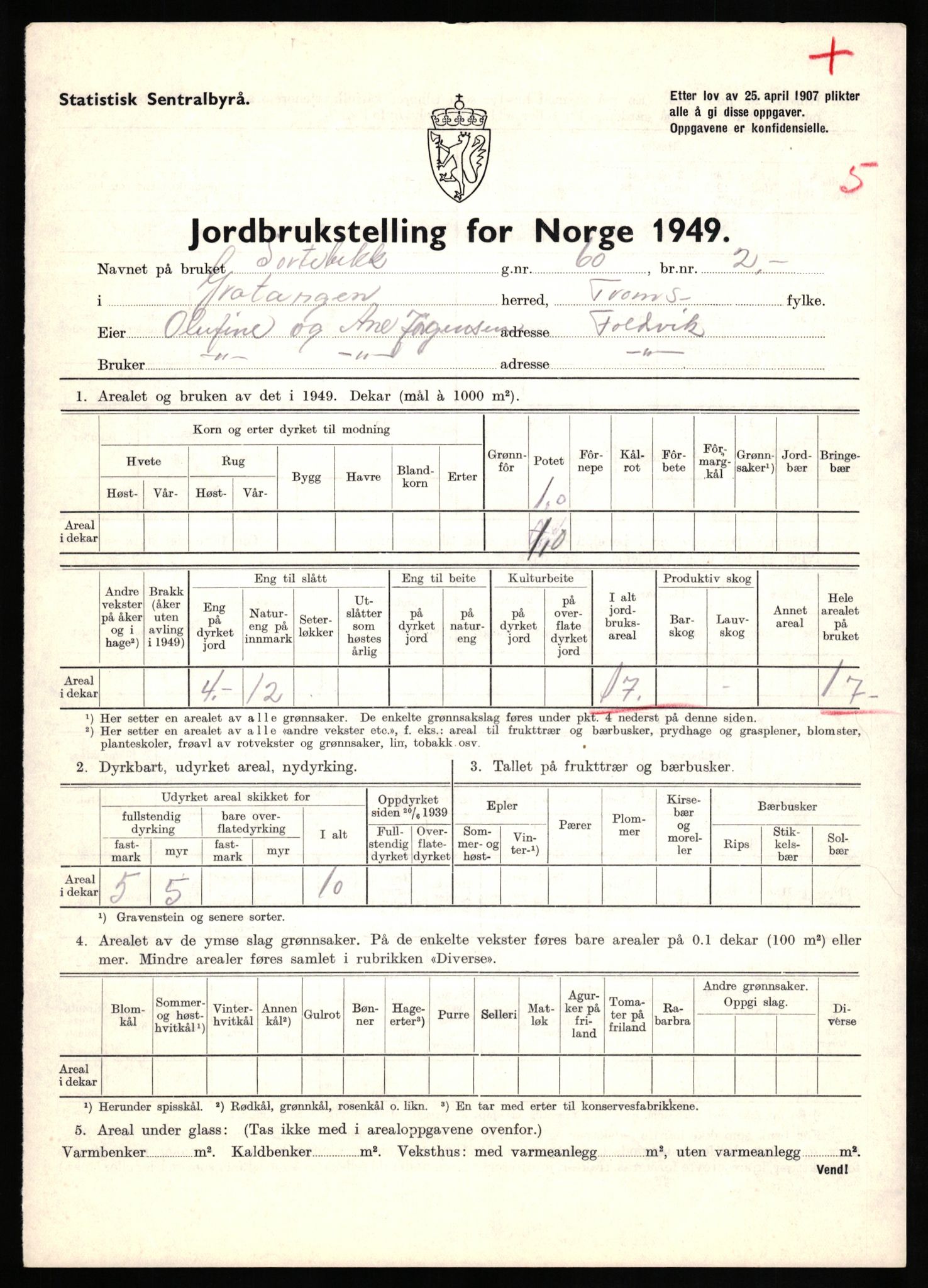 Statistisk sentralbyrå, Næringsøkonomiske emner, Jordbruk, skogbruk, jakt, fiske og fangst, AV/RA-S-2234/G/Gc/L0437: Troms: Gratangen og Lavangen, 1949, p. 697