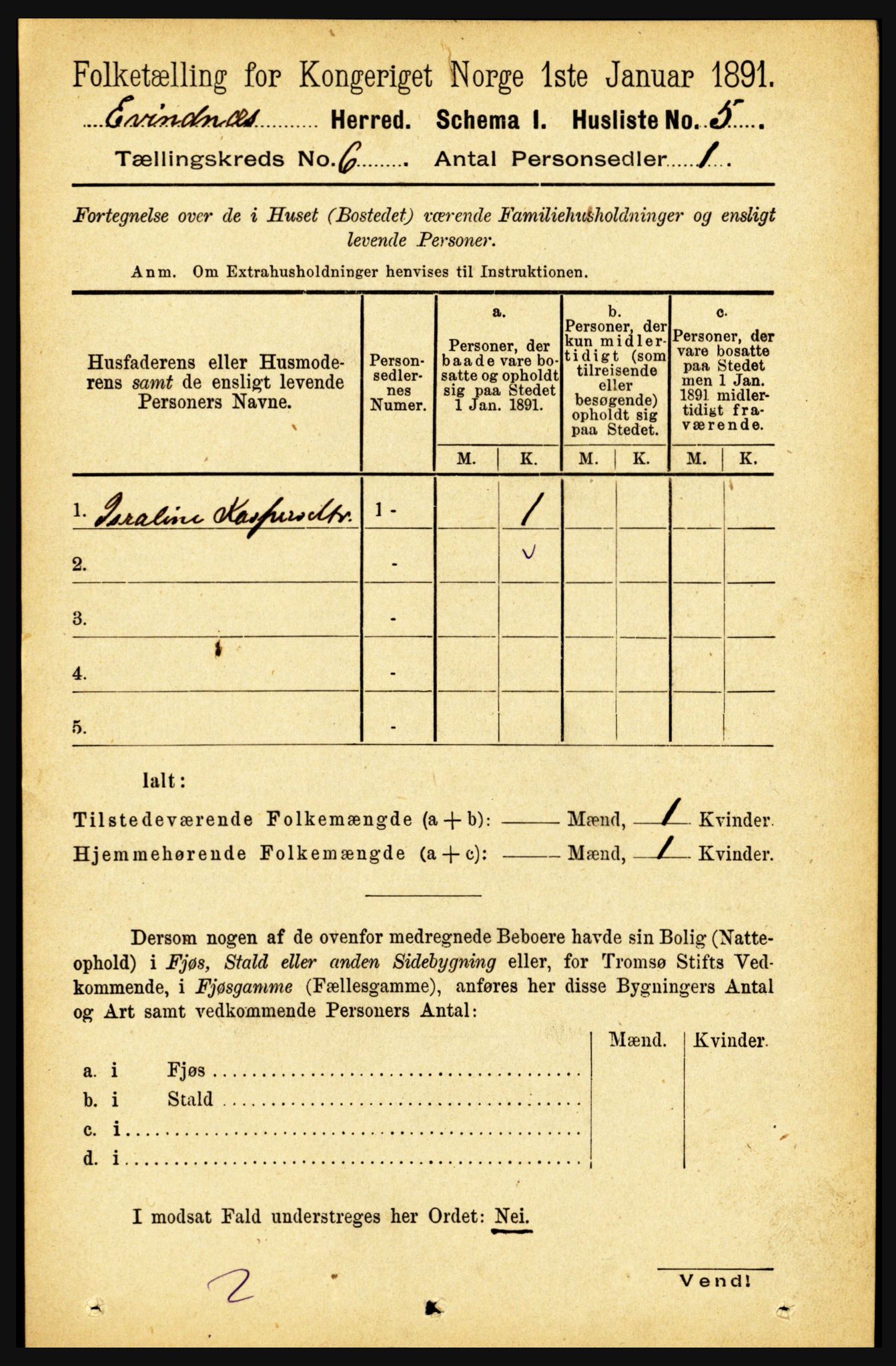 RA, 1891 census for 1853 Evenes, 1891, p. 1889