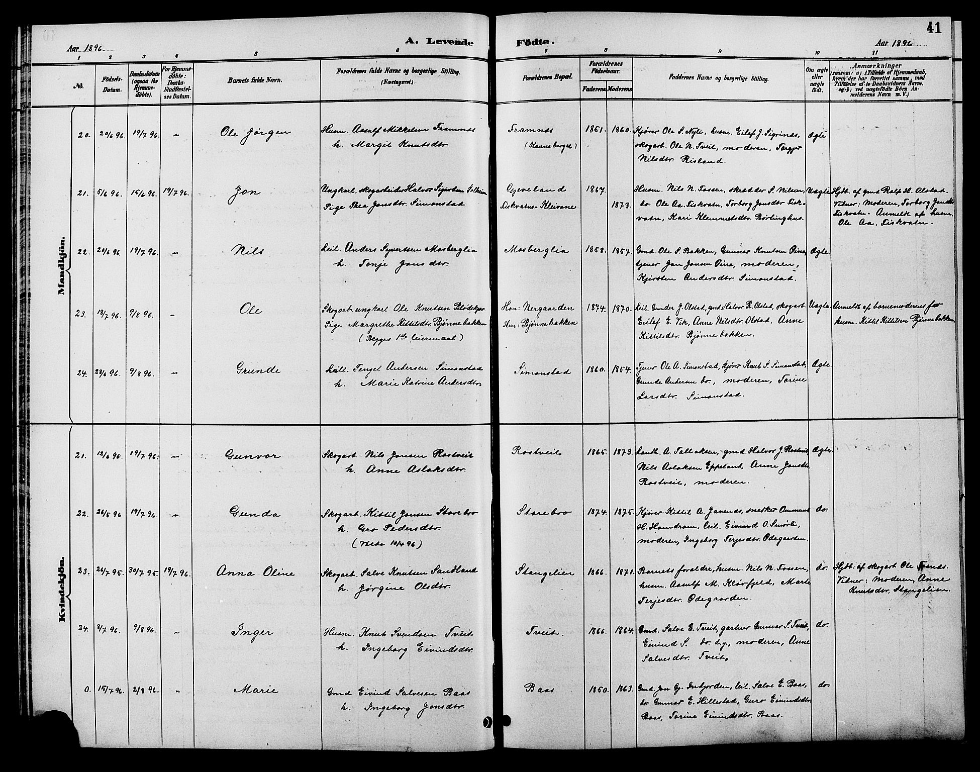 Åmli sokneprestkontor, SAK/1111-0050/F/Fb/Fbc/L0004: Parish register (copy) no. B 4, 1889-1902, p. 41