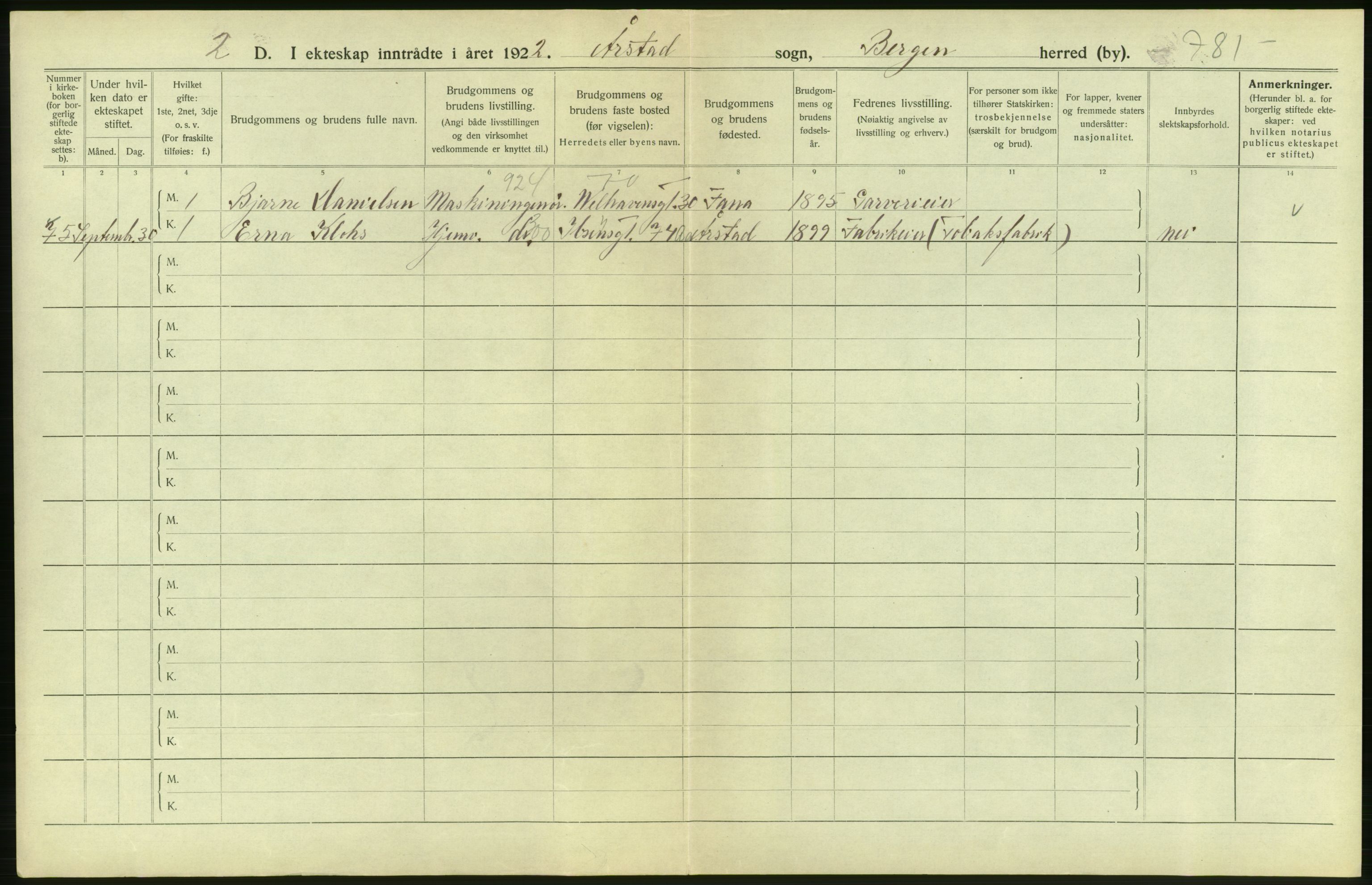 Statistisk sentralbyrå, Sosiodemografiske emner, Befolkning, AV/RA-S-2228/D/Df/Dfc/Dfcb/L0030: Bergen: Gifte, døde, dødfødte., 1922, p. 54