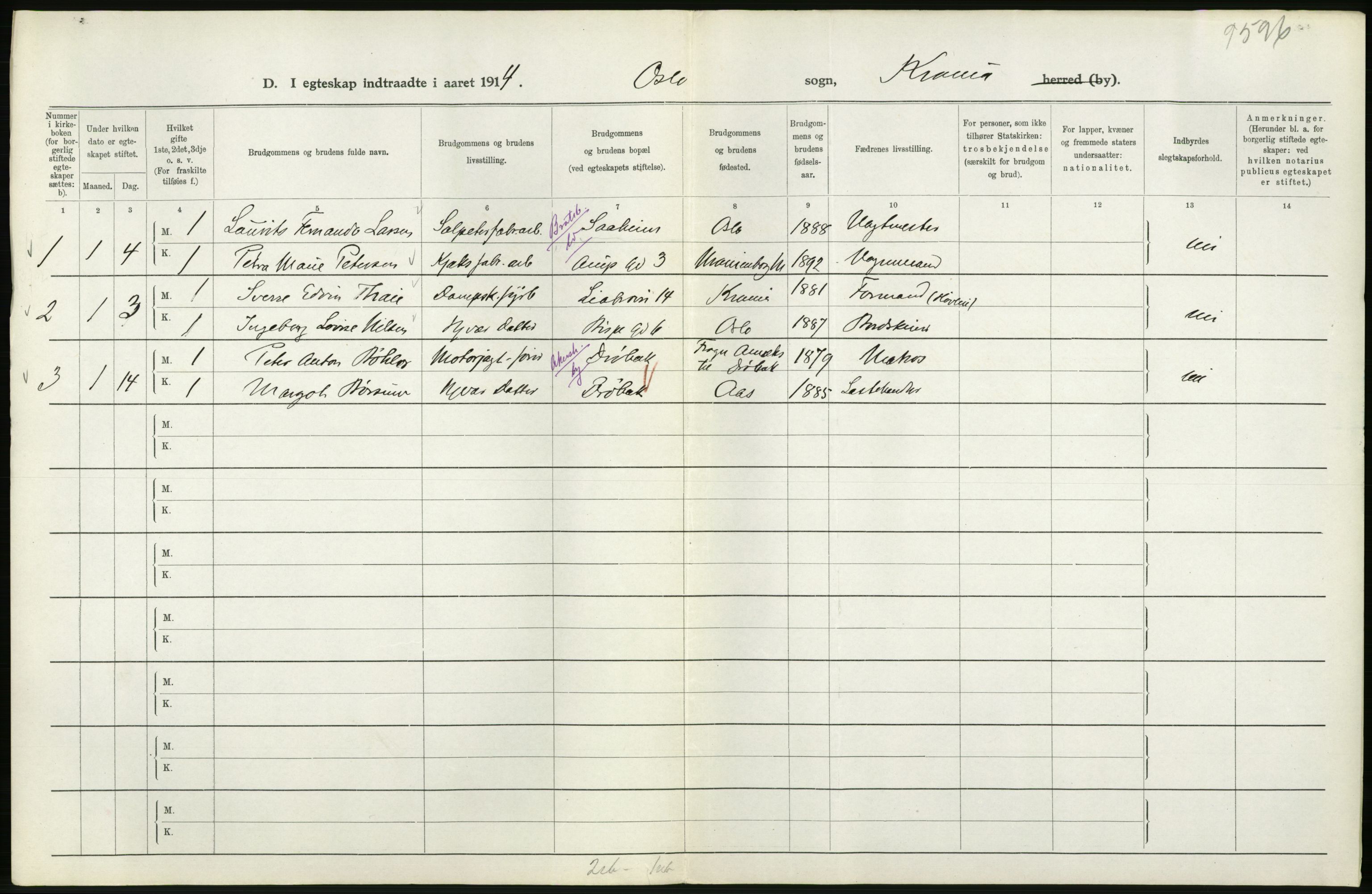 Statistisk sentralbyrå, Sosiodemografiske emner, Befolkning, AV/RA-S-2228/D/Df/Dfb/Dfbd/L0007: Kristiania: Gifte, 1914, p. 142