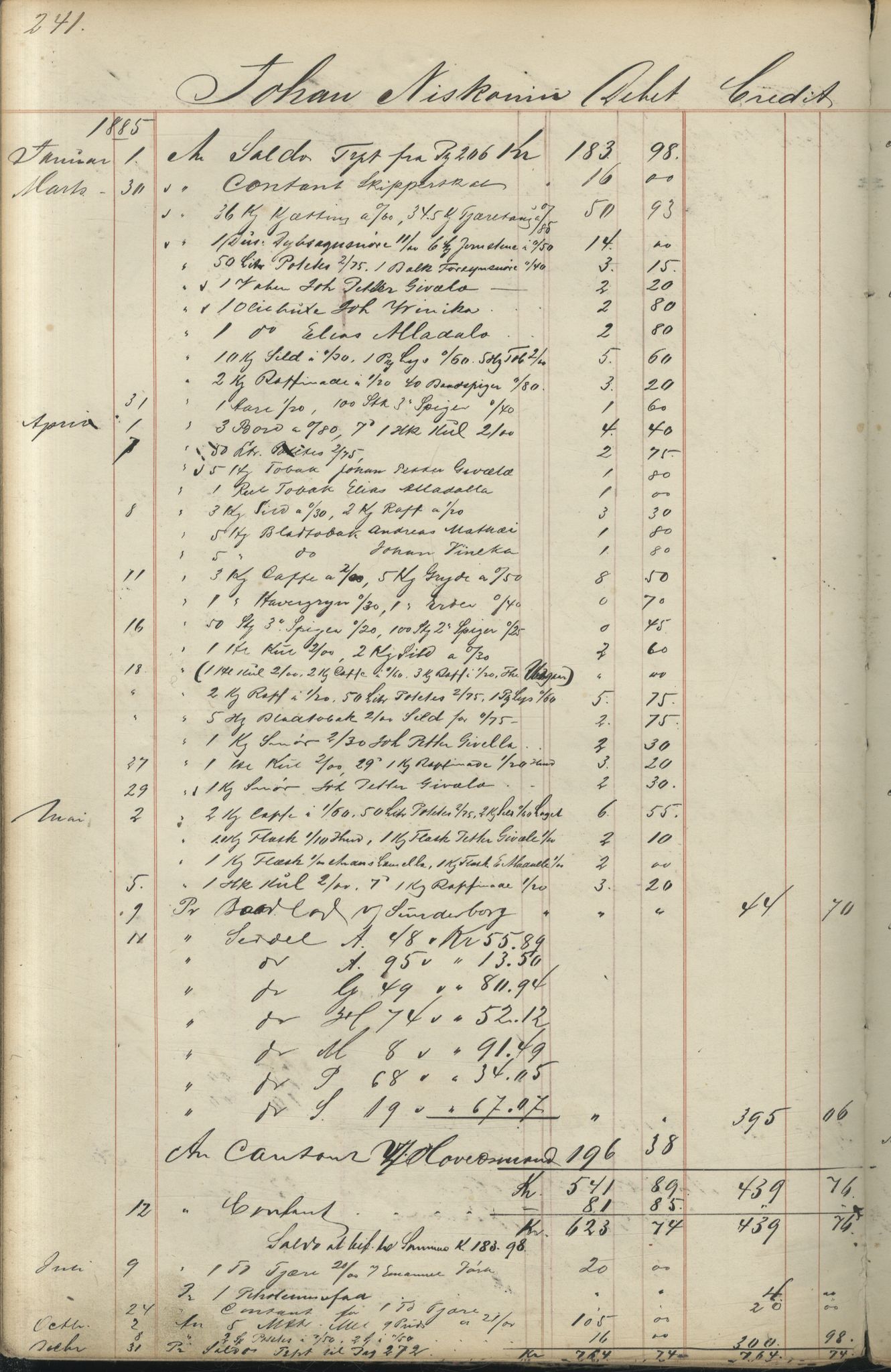 Brodtkorb handel A/S, VAMU/A-0001/F/Fc/L0001/0001: Konto for kvener og nordmenn på Kolahalvøya  / Conto for Kvæner og Nordmænd paa Russefinmarken No 1, 1868-1894, p. 241