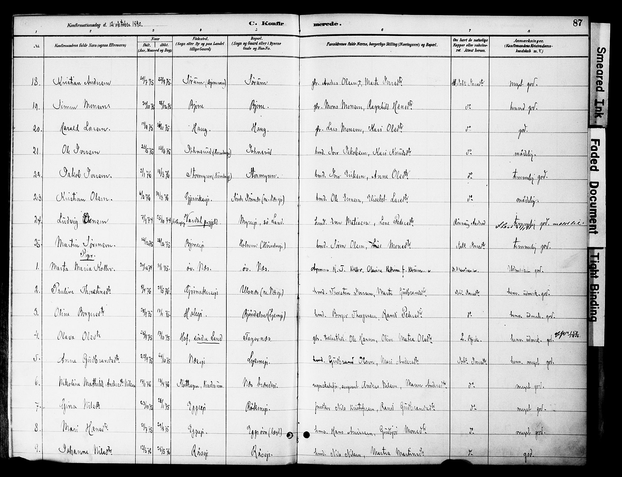 Gran prestekontor, SAH/PREST-112/H/Ha/Haa/L0020: Parish register (official) no. 20, 1889-1899, p. 87