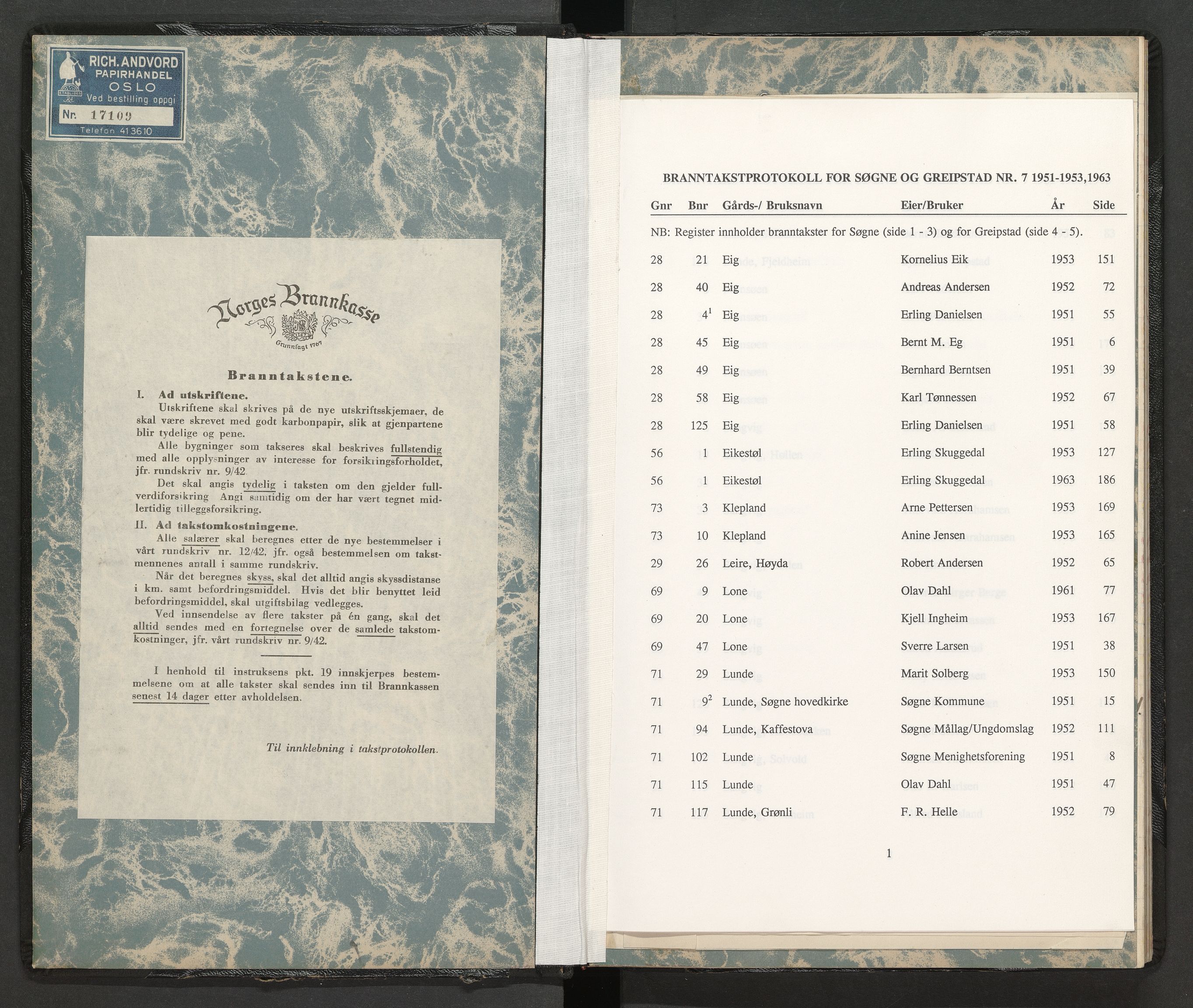 Norges Brannkasse Søgne og Greipstad, AV/SAK-2241-0046/F/Fa/L0007: Branntakstprotokoll nr. 7 med gårdsnavnregister, 1951-1953