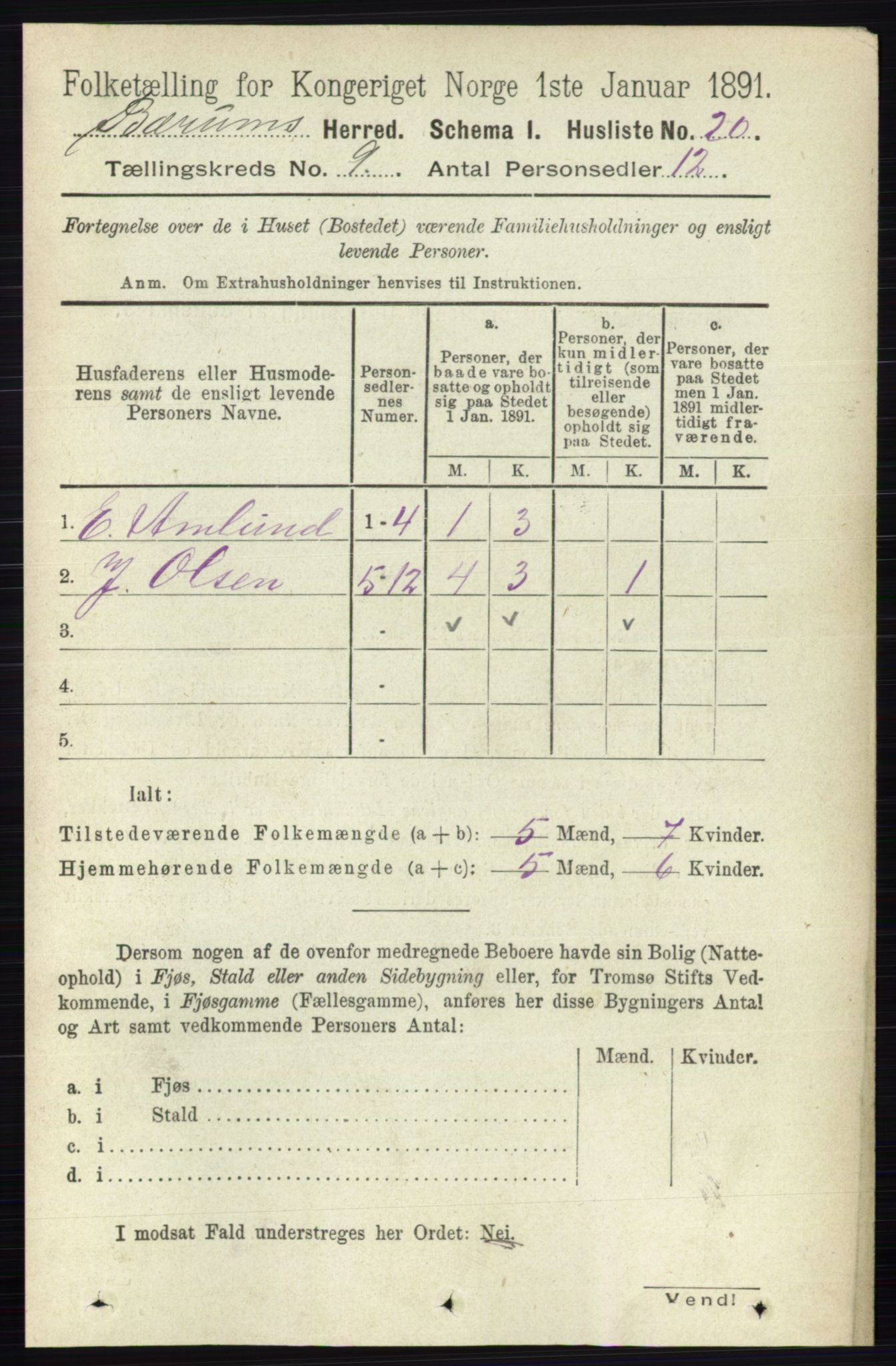 RA, 1891 census for 0219 Bærum, 1891, p. 5000
