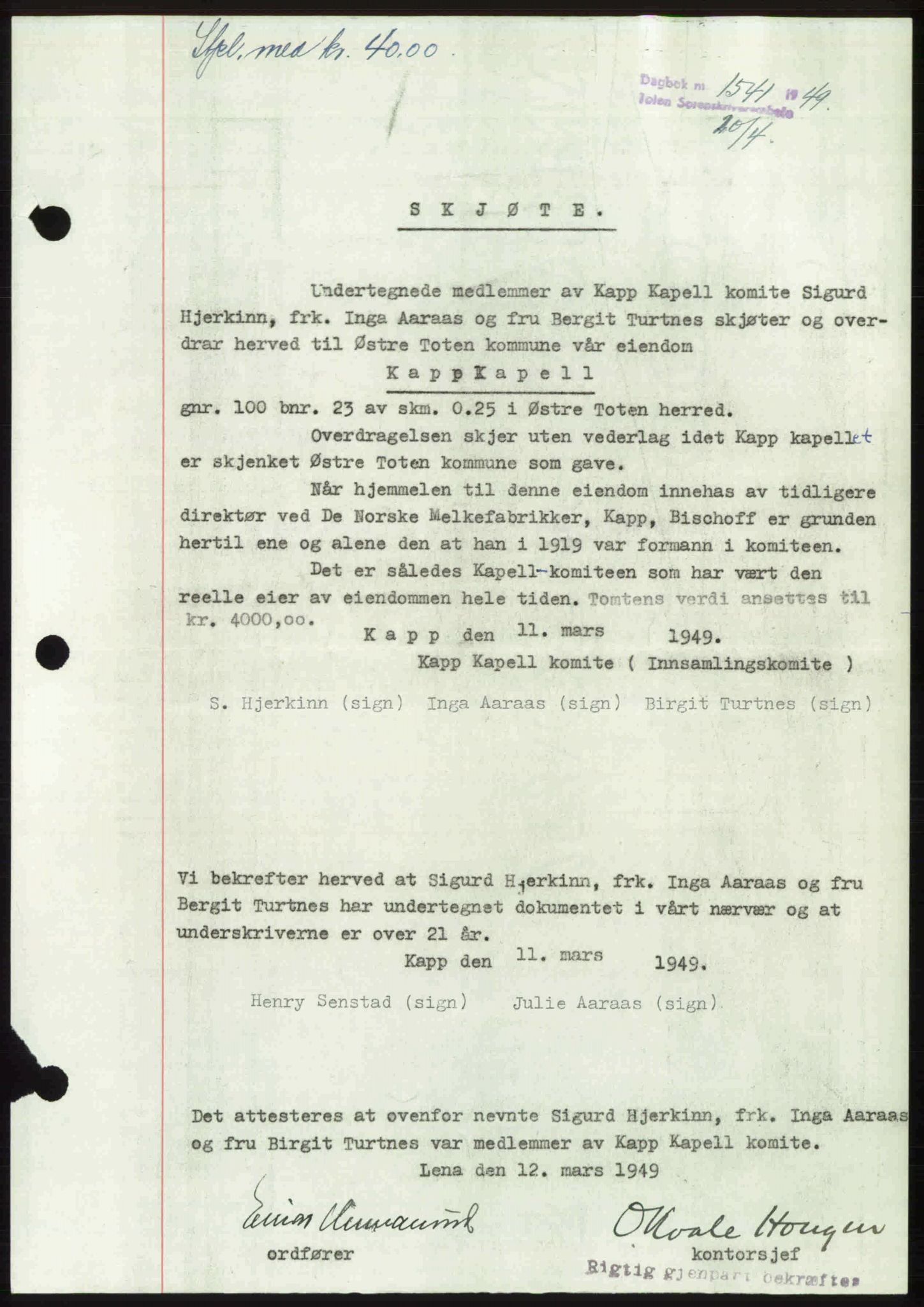 Toten tingrett, AV/SAH-TING-006/H/Hb/Hbc/L0021: Mortgage book no. Hbc-21, 1948-1949, Diary no: : 1541/1949