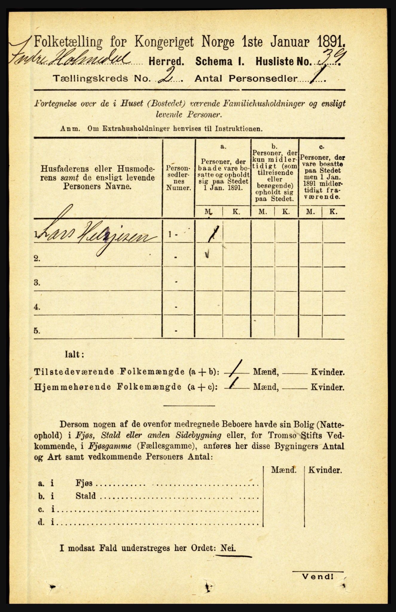 RA, 1891 census for 1430 Indre Holmedal, 1891, p. 440