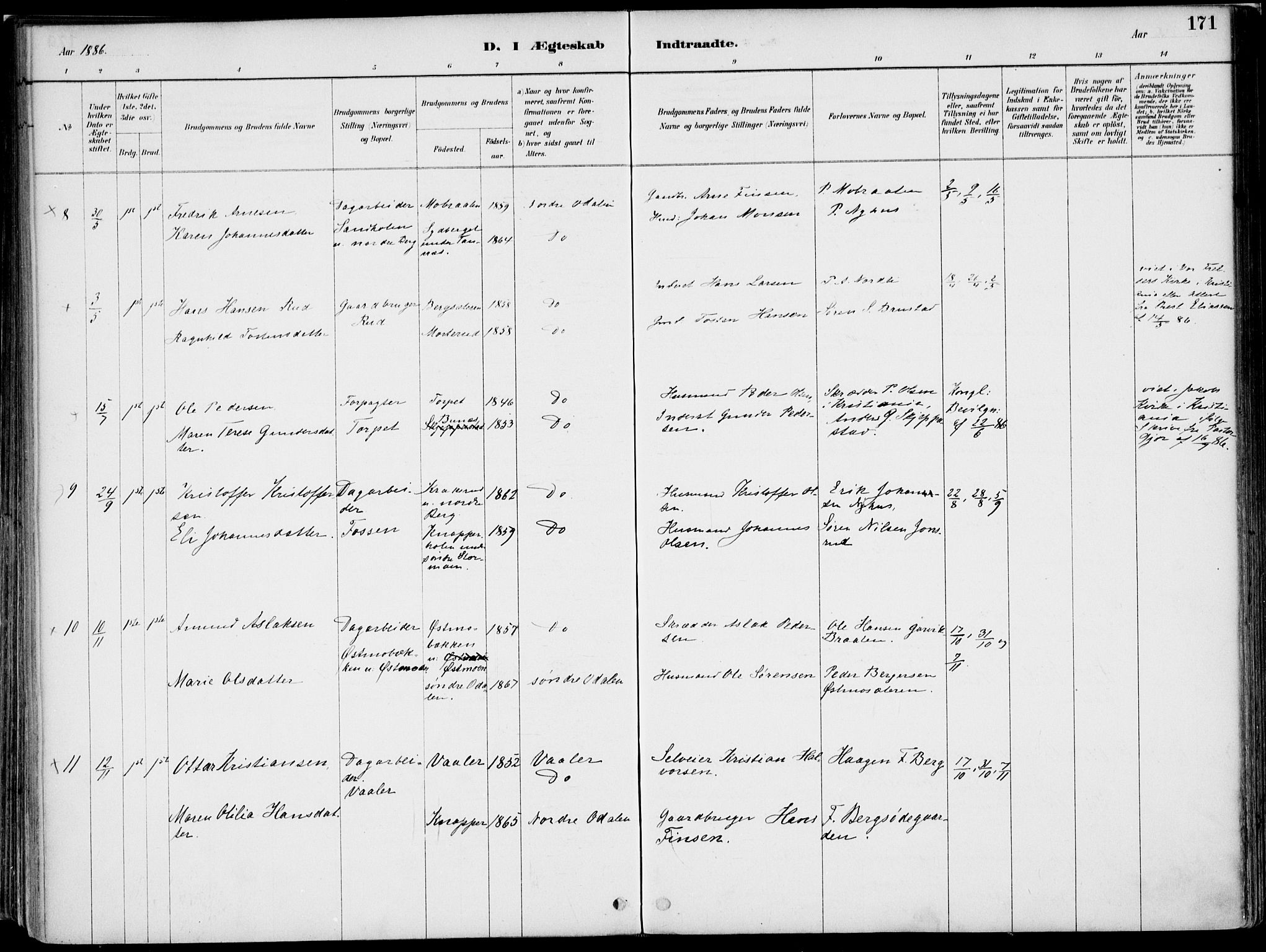 Nord-Odal prestekontor, SAH/PREST-032/H/Ha/Haa/L0008: Parish register (official) no. 8, 1886-1901, p. 171
