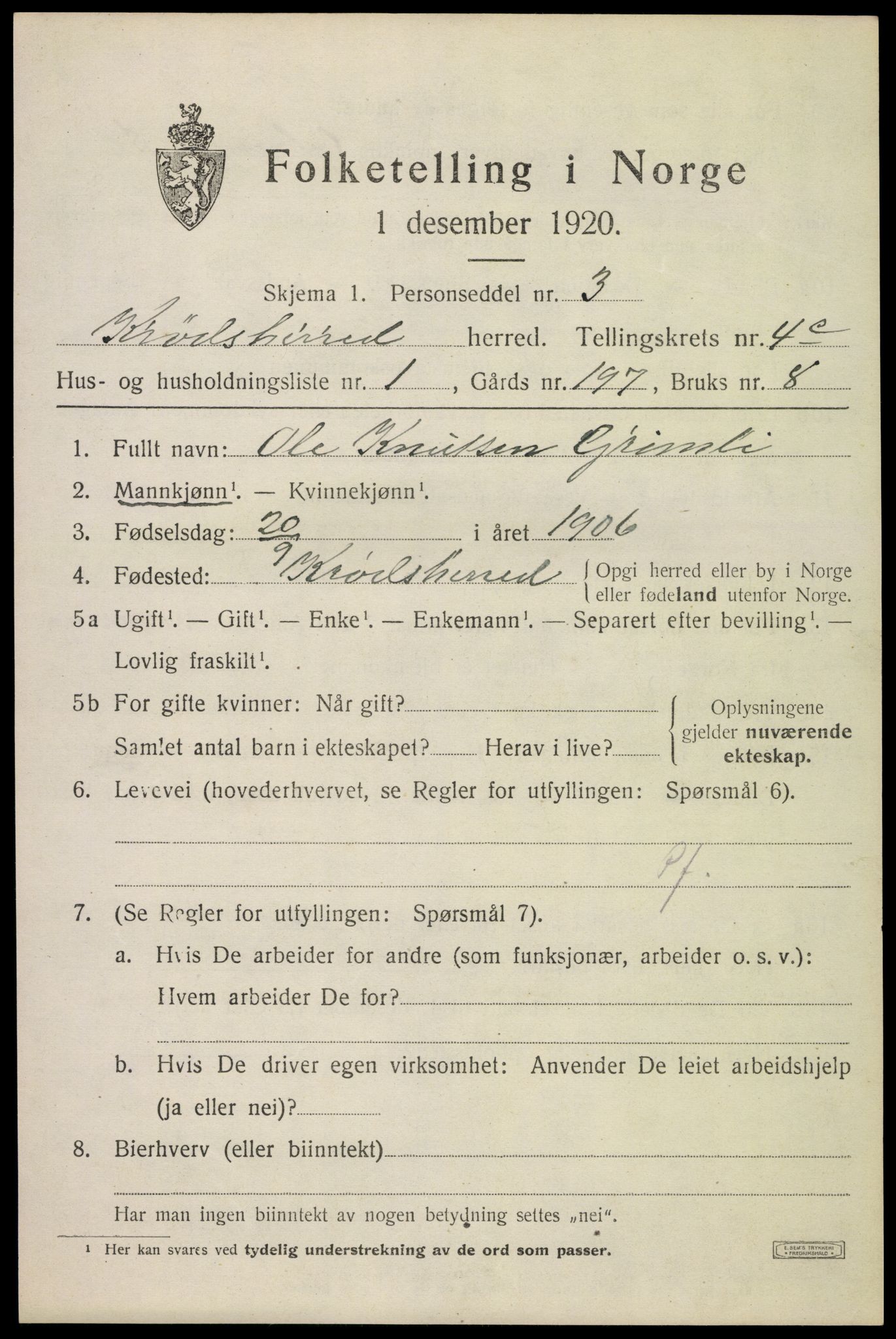 SAKO, 1920 census for Krødsherad, 1920, p. 5239