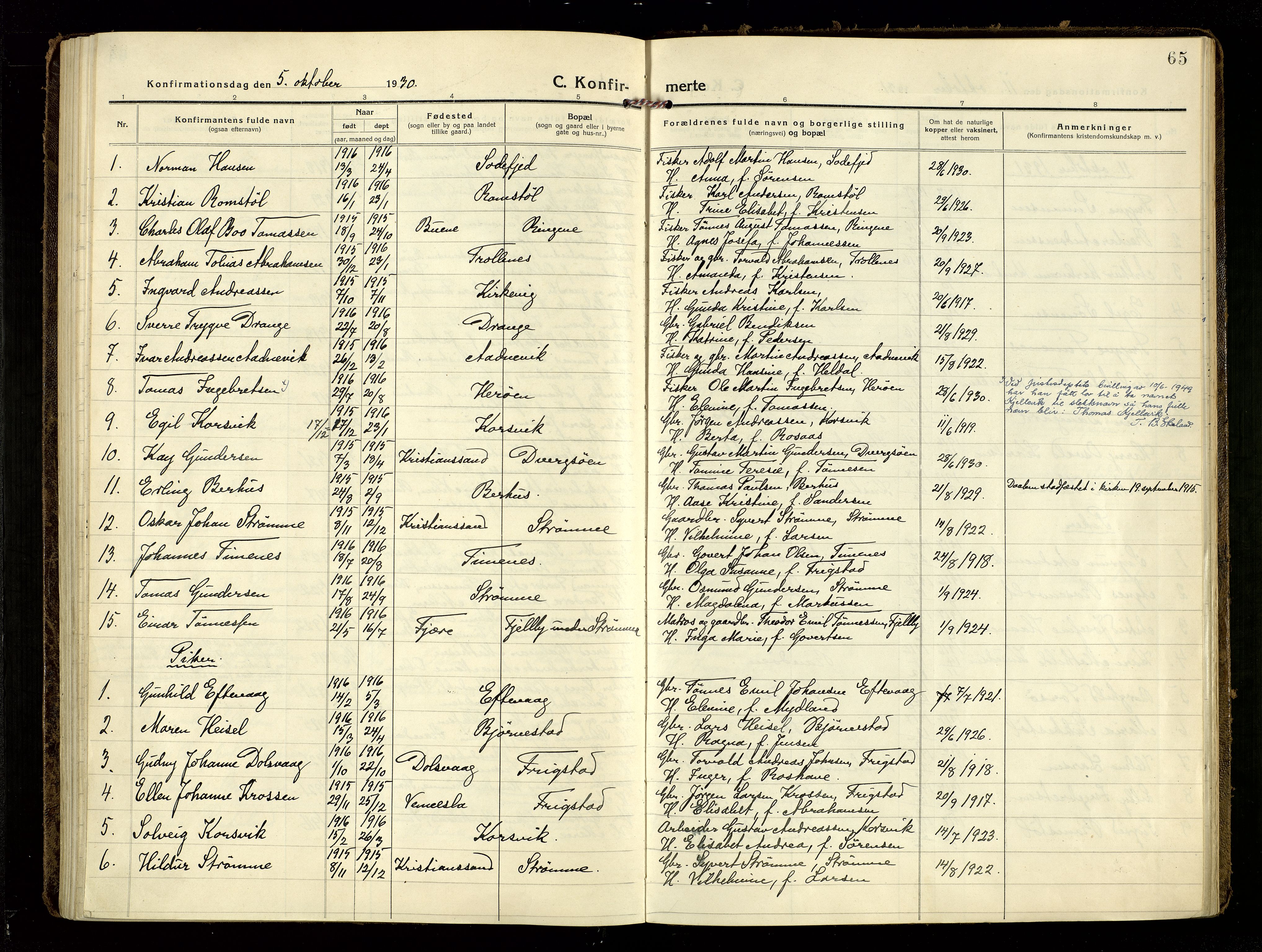 Oddernes sokneprestkontor, SAK/1111-0033/F/Fa/Fab/L0004: Parish register (official) no. A 4, 1916-1935, p. 65
