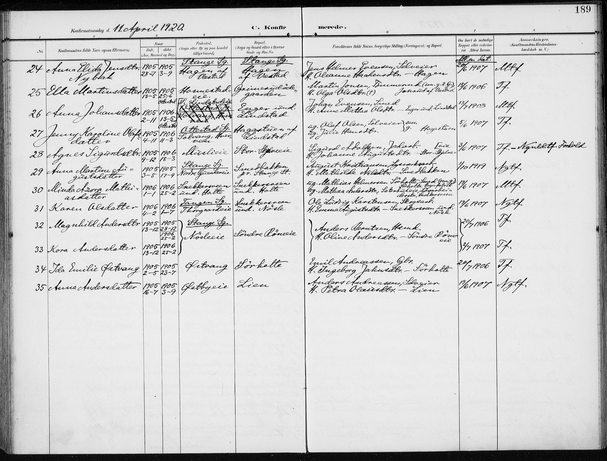 Stange prestekontor, AV/SAH-PREST-002/K/L0024: Parish register (official) no. 24, 1906-1922, p. 189