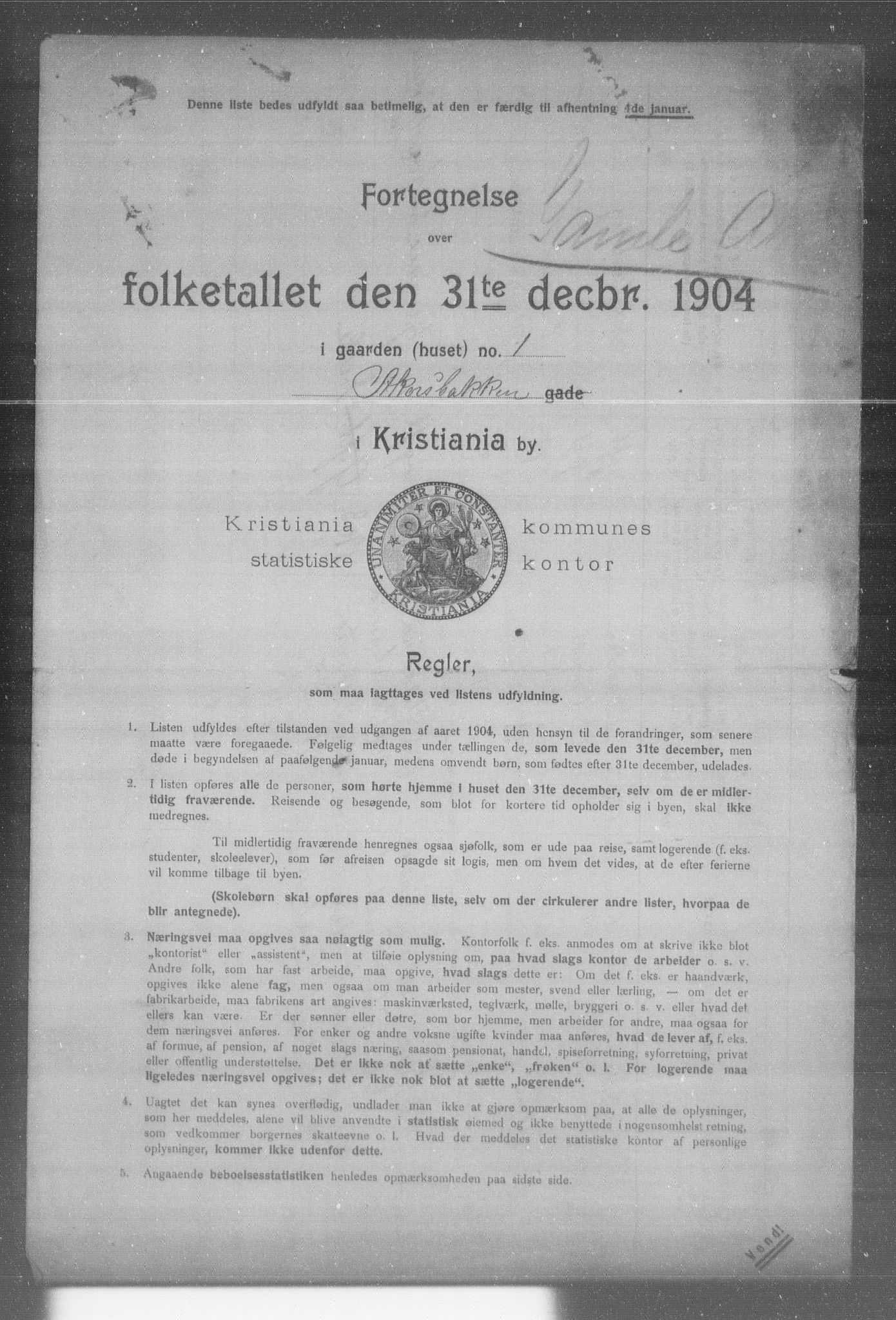 OBA, Municipal Census 1904 for Kristiania, 1904, p. 8