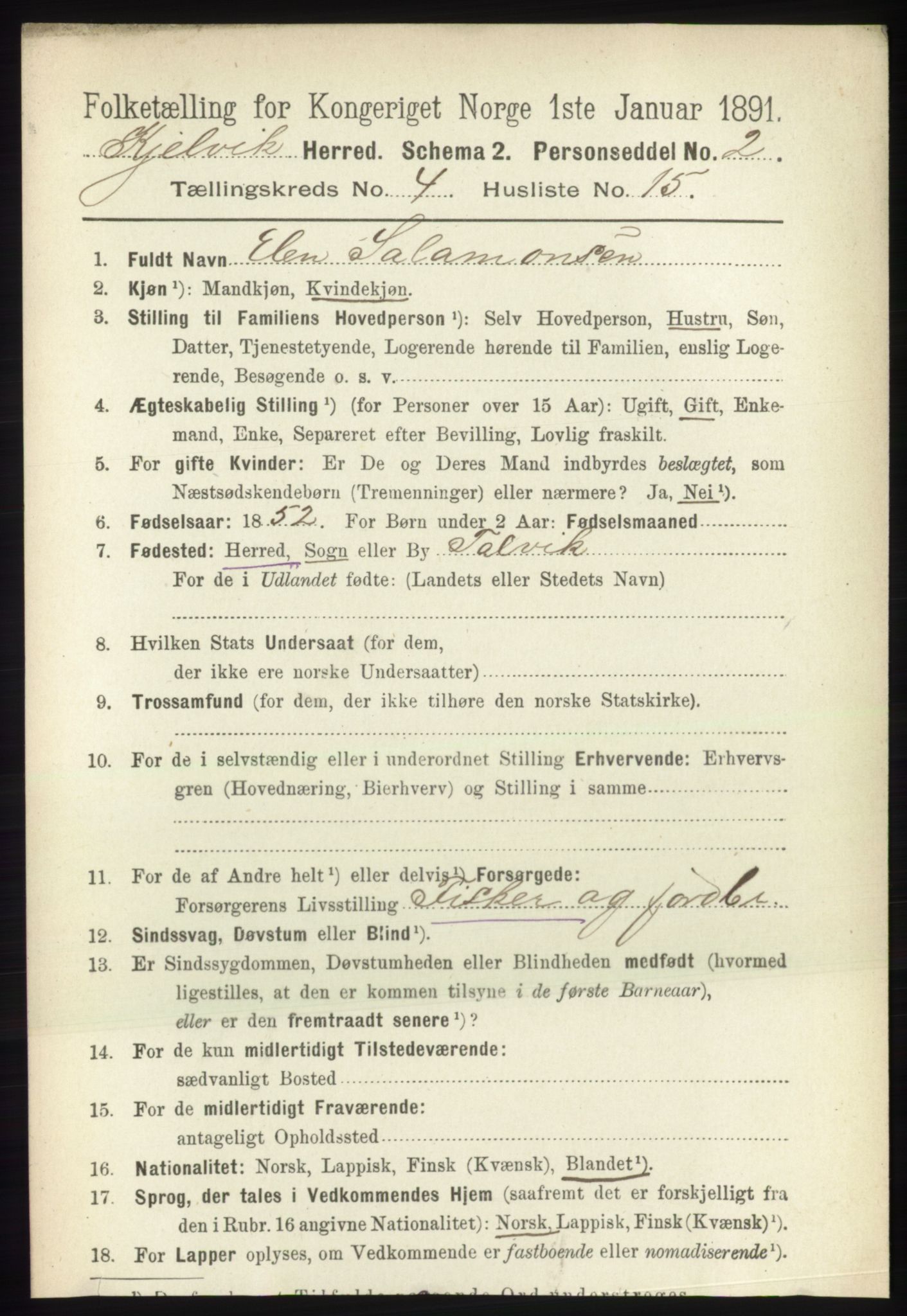 RA, 1891 census for 2019 Kjelvik, 1891, p. 522