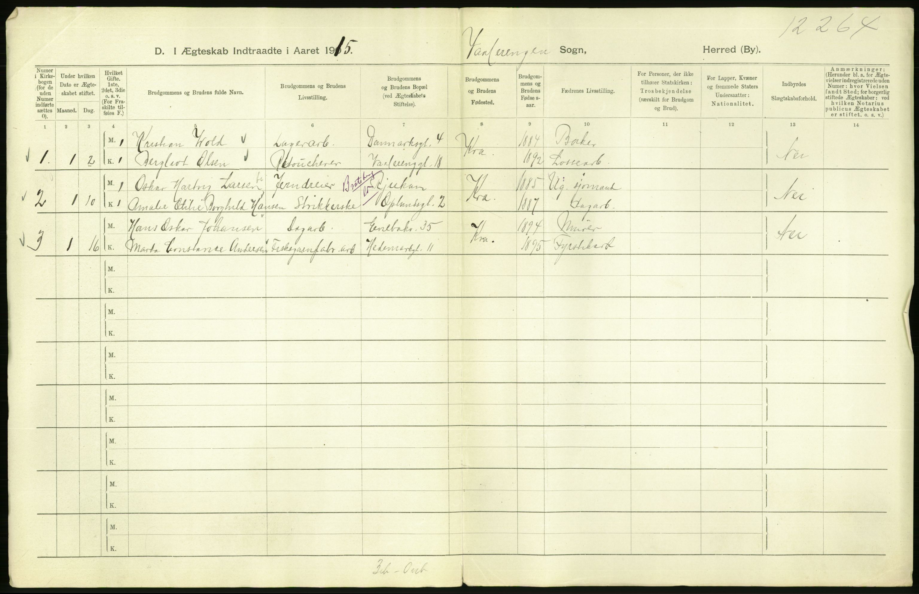 Statistisk sentralbyrå, Sosiodemografiske emner, Befolkning, RA/S-2228/D/Df/Dfb/Dfbe/L0008: Kristiania: Gifte., 1915, p. 760