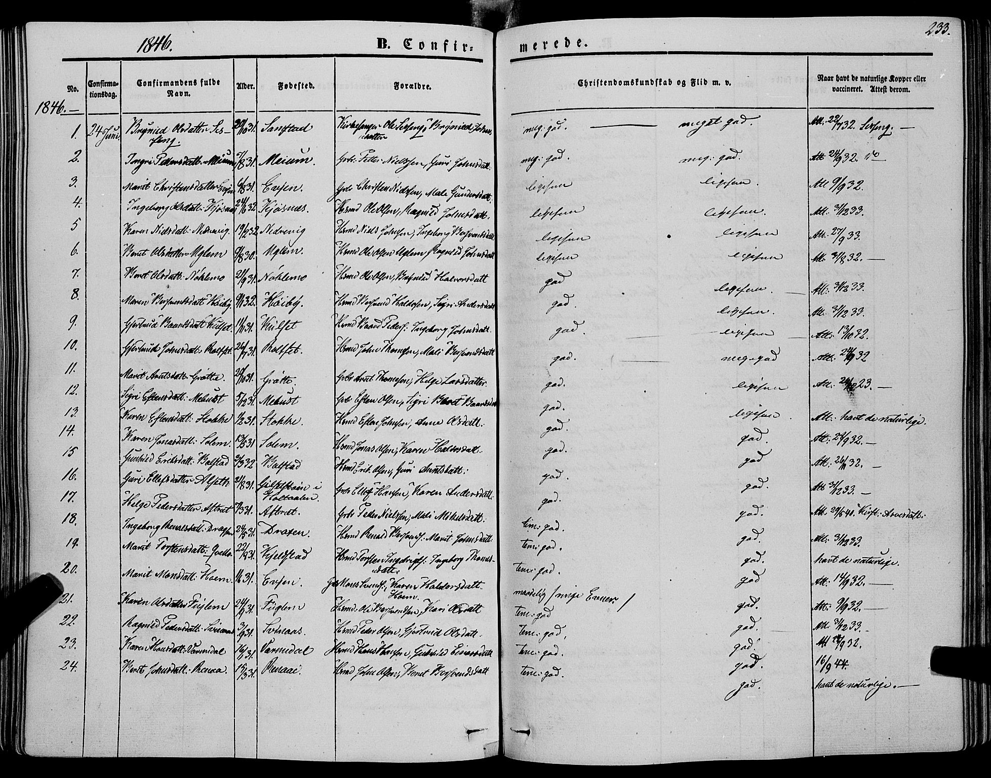 Ministerialprotokoller, klokkerbøker og fødselsregistre - Sør-Trøndelag, SAT/A-1456/695/L1145: Parish register (official) no. 695A06 /1, 1843-1859, p. 233