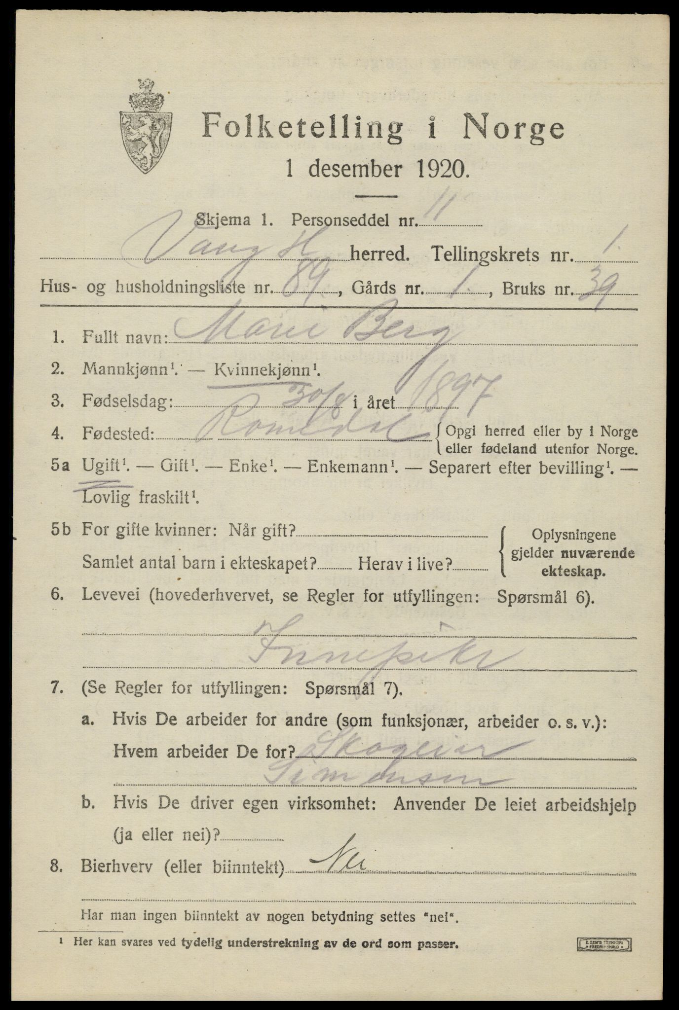 SAH, 1920 census for Vang (Hedmark), 1920, p. 4203