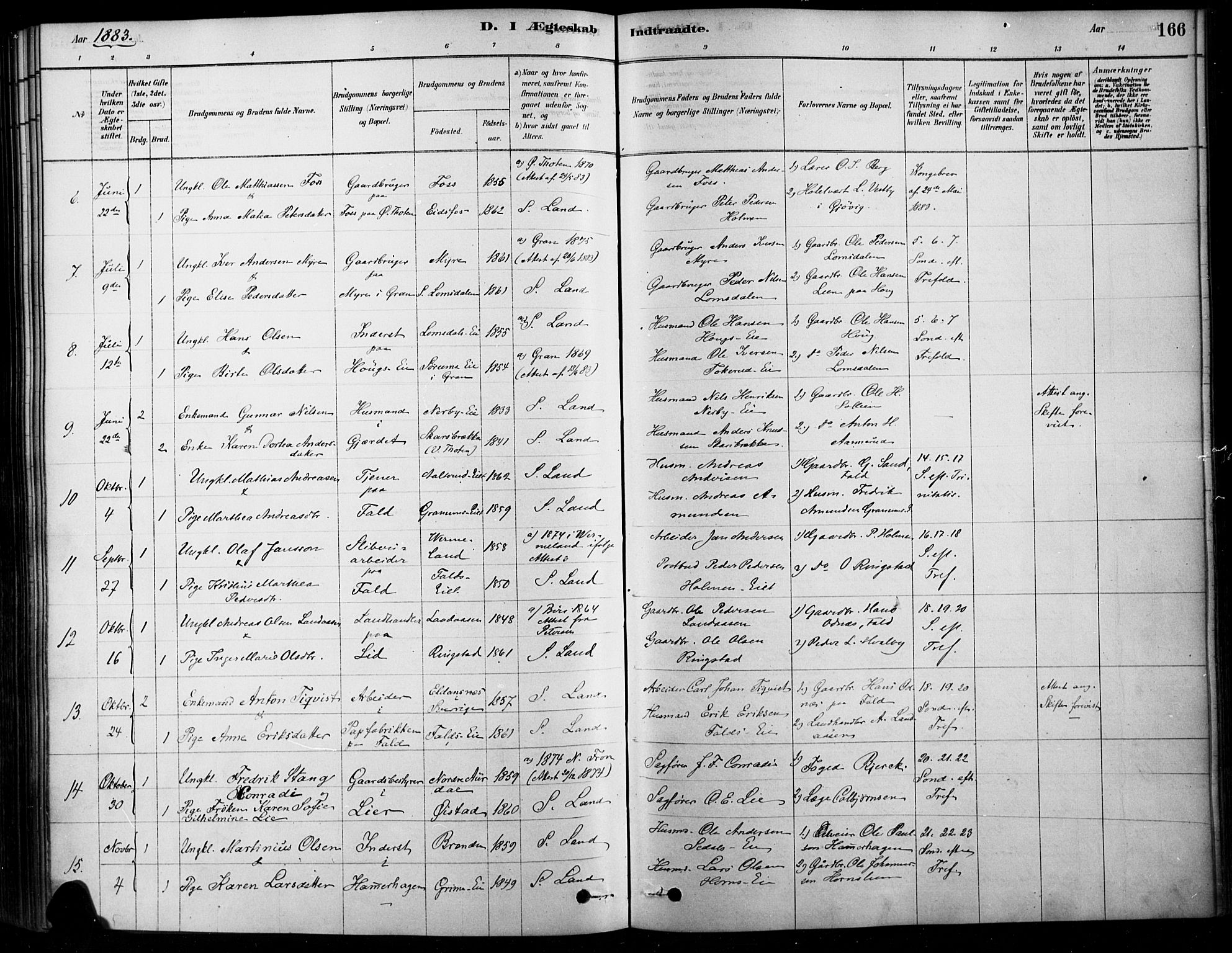 Søndre Land prestekontor, SAH/PREST-122/K/L0003: Parish register (official) no. 3, 1878-1894, p. 166