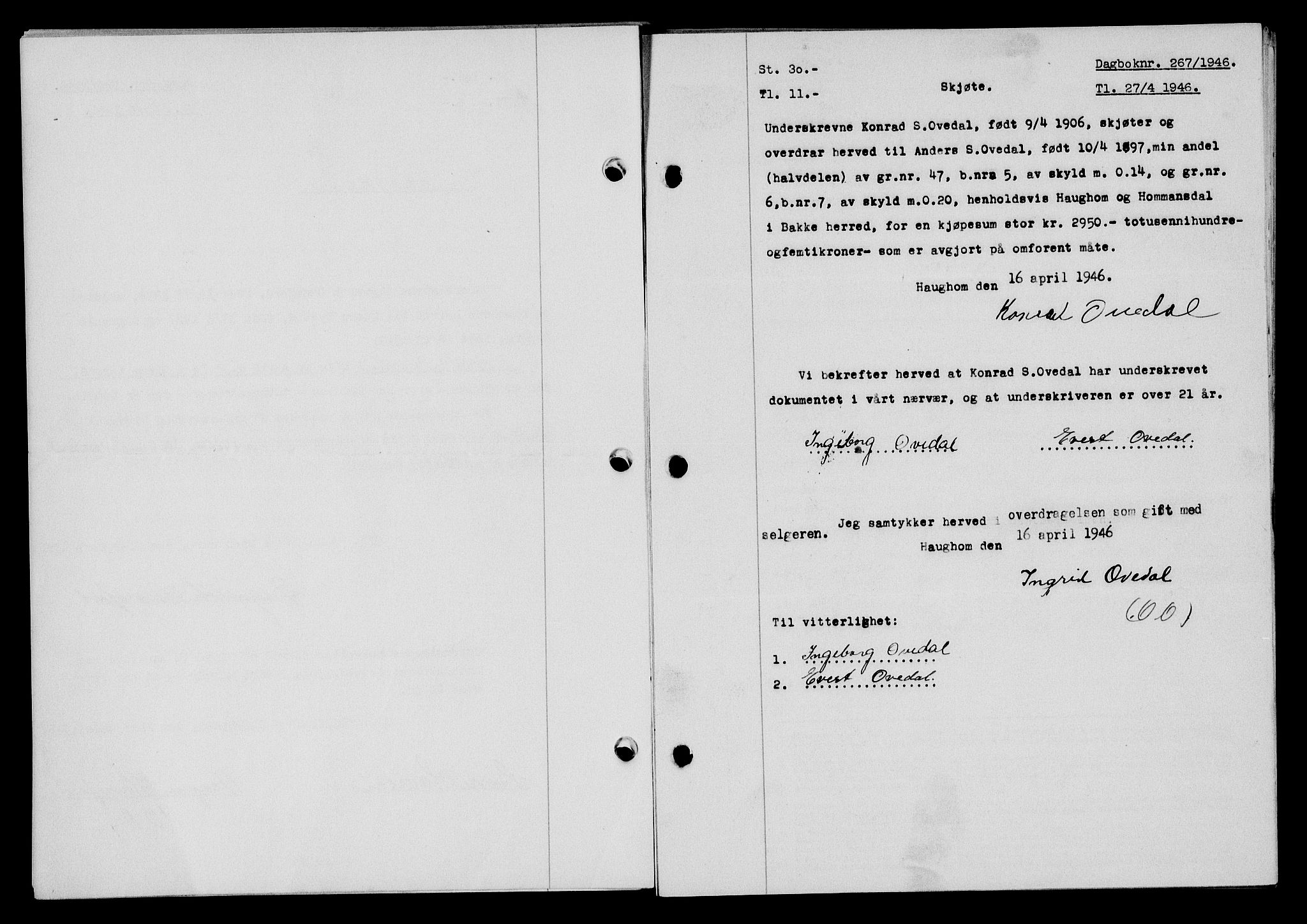 Flekkefjord sorenskriveri, AV/SAK-1221-0001/G/Gb/Gba/L0060: Mortgage book no. A-8, 1945-1946, Diary no: : 267/1946