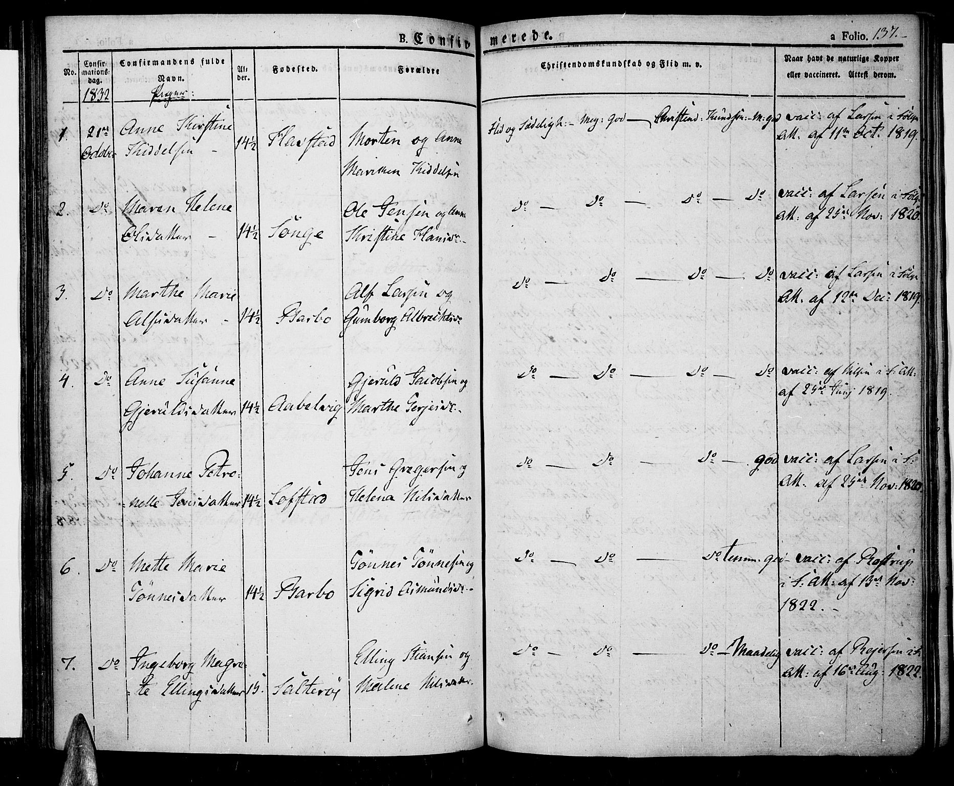 Tromøy sokneprestkontor, SAK/1111-0041/F/Fa/L0003: Parish register (official) no. A 3, 1825-1837, p. 137