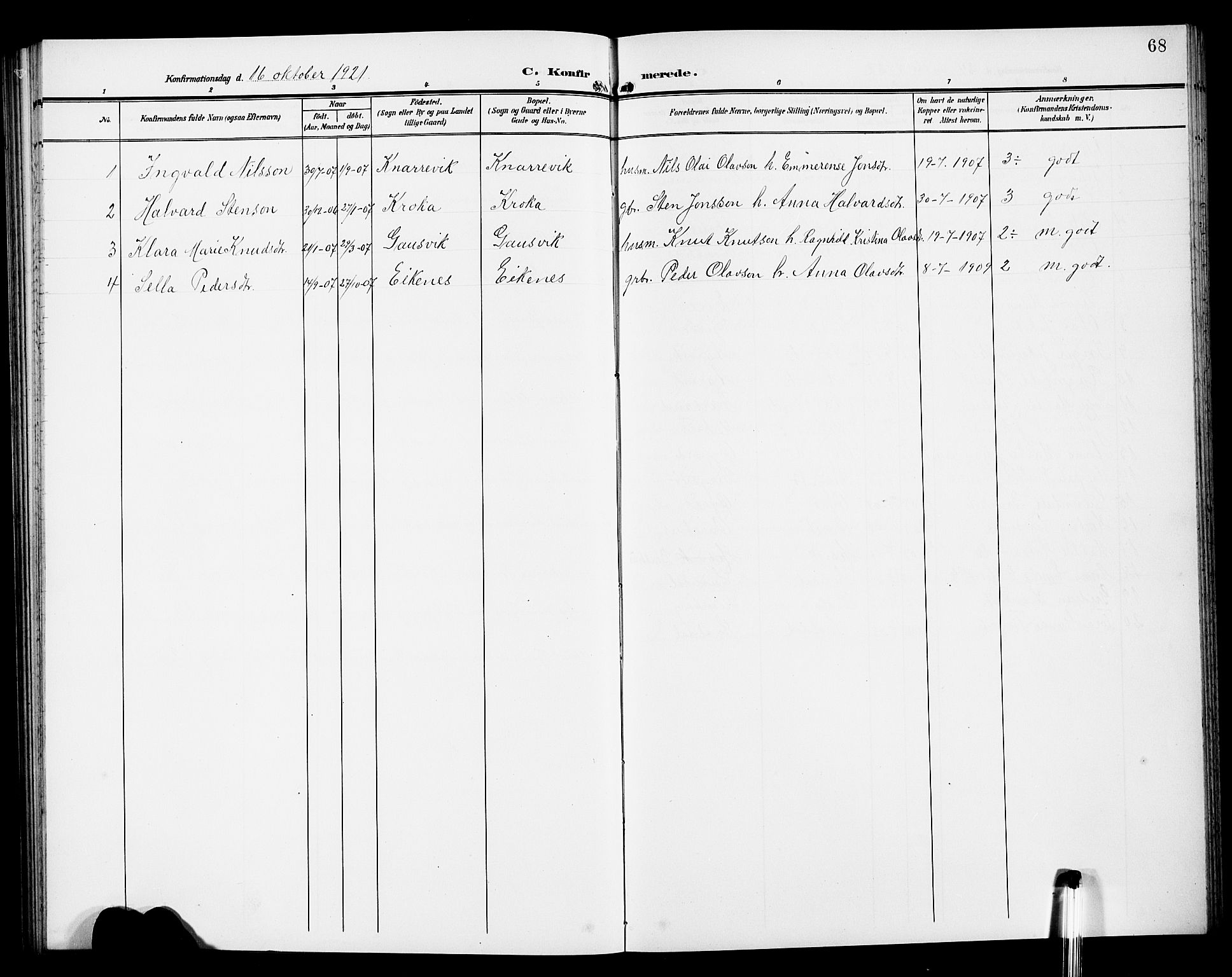 Kvinnherad sokneprestembete, SAB/A-76401/H/Hab: Parish register (copy) no. D 2, 1906-1926, p. 68