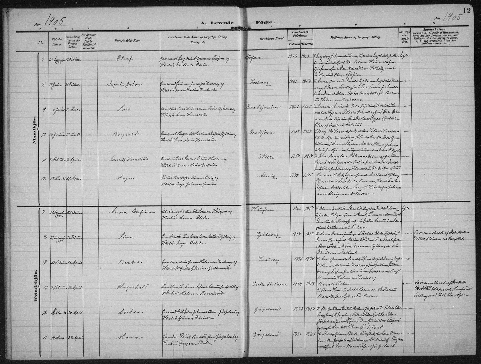 Strand sokneprestkontor, AV/SAST-A-101828/H/Ha/Hab/L0005: Parish register (copy) no. B 5, 1904-1934, p. 12