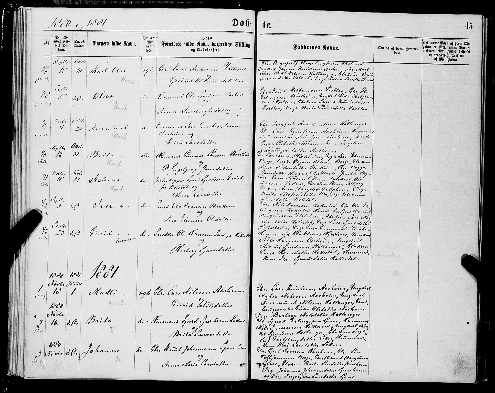 Ulvik sokneprestembete, SAB/A-78801/H/Hab: Parish register (copy) no. A 2, 1869-1882, p. 45