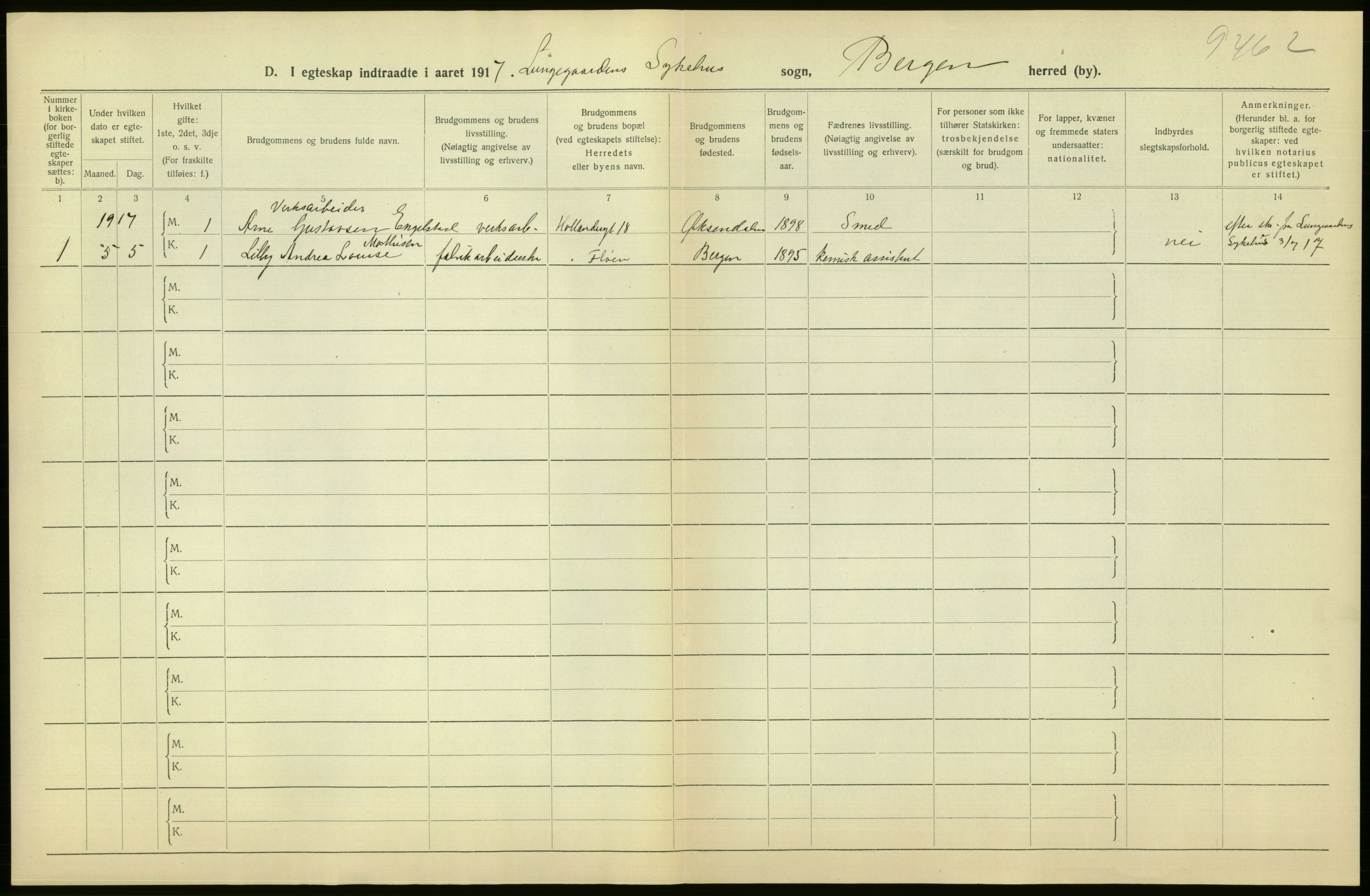 Statistisk sentralbyrå, Sosiodemografiske emner, Befolkning, RA/S-2228/D/Df/Dfb/Dfbg/L0038: Bergen: Gifte, døde, dødfødte., 1917, p. 304