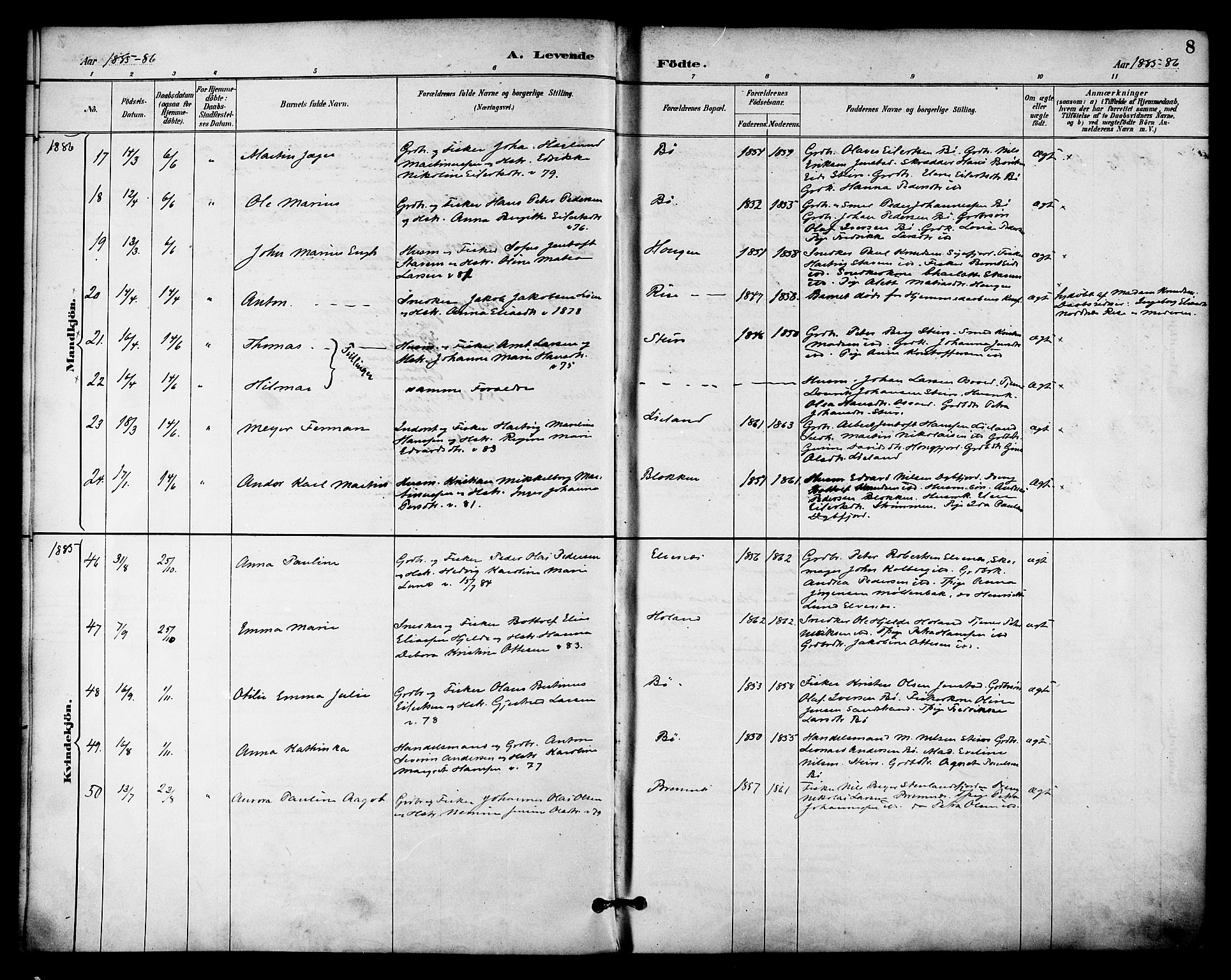 Ministerialprotokoller, klokkerbøker og fødselsregistre - Nordland, AV/SAT-A-1459/895/L1371: Parish register (official) no. 895A06, 1885-1894, p. 8