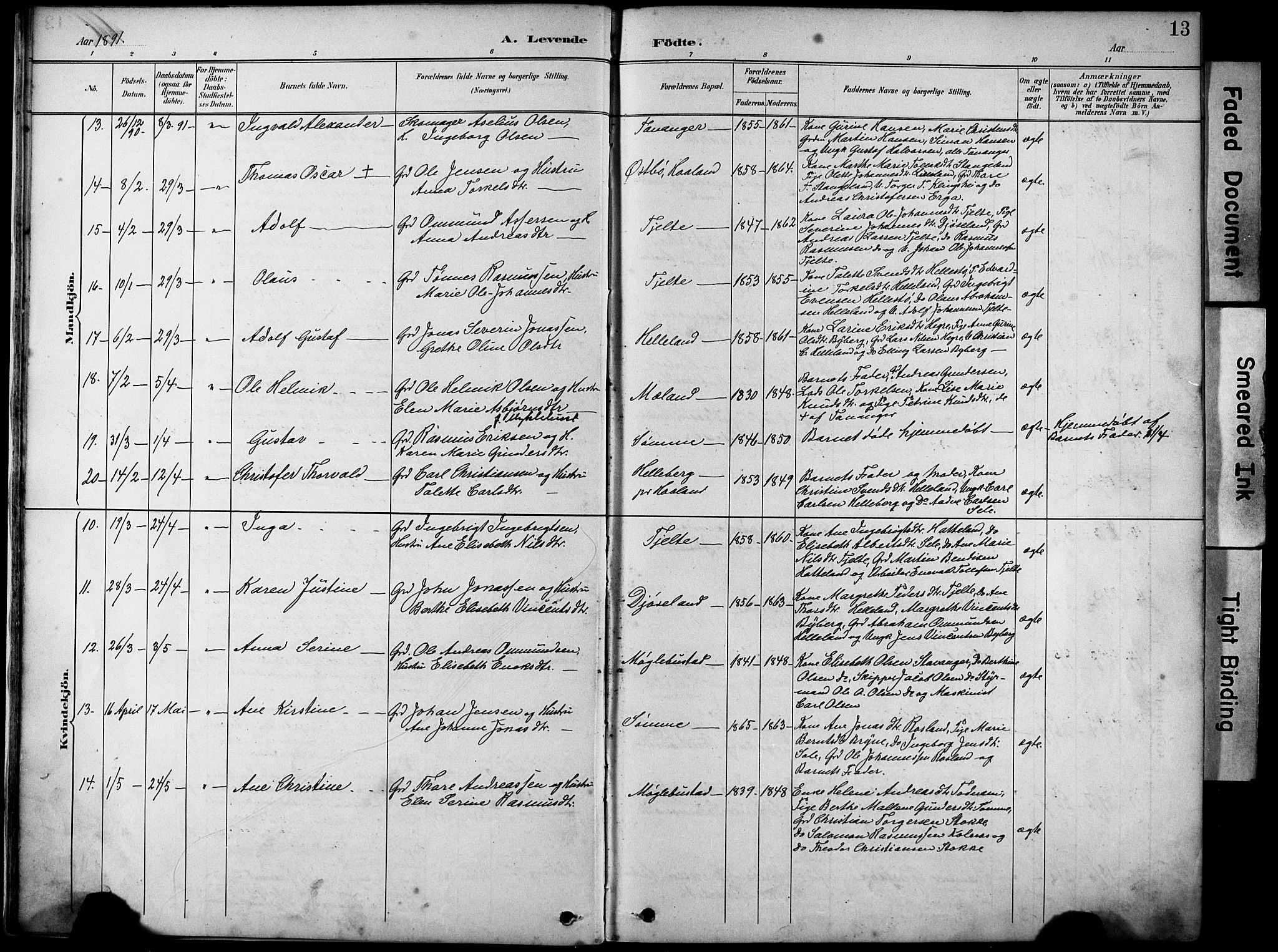 Håland sokneprestkontor, AV/SAST-A-101802/001/30BA/L0012: Parish register (official) no. A 11, 1889-1900, p. 13