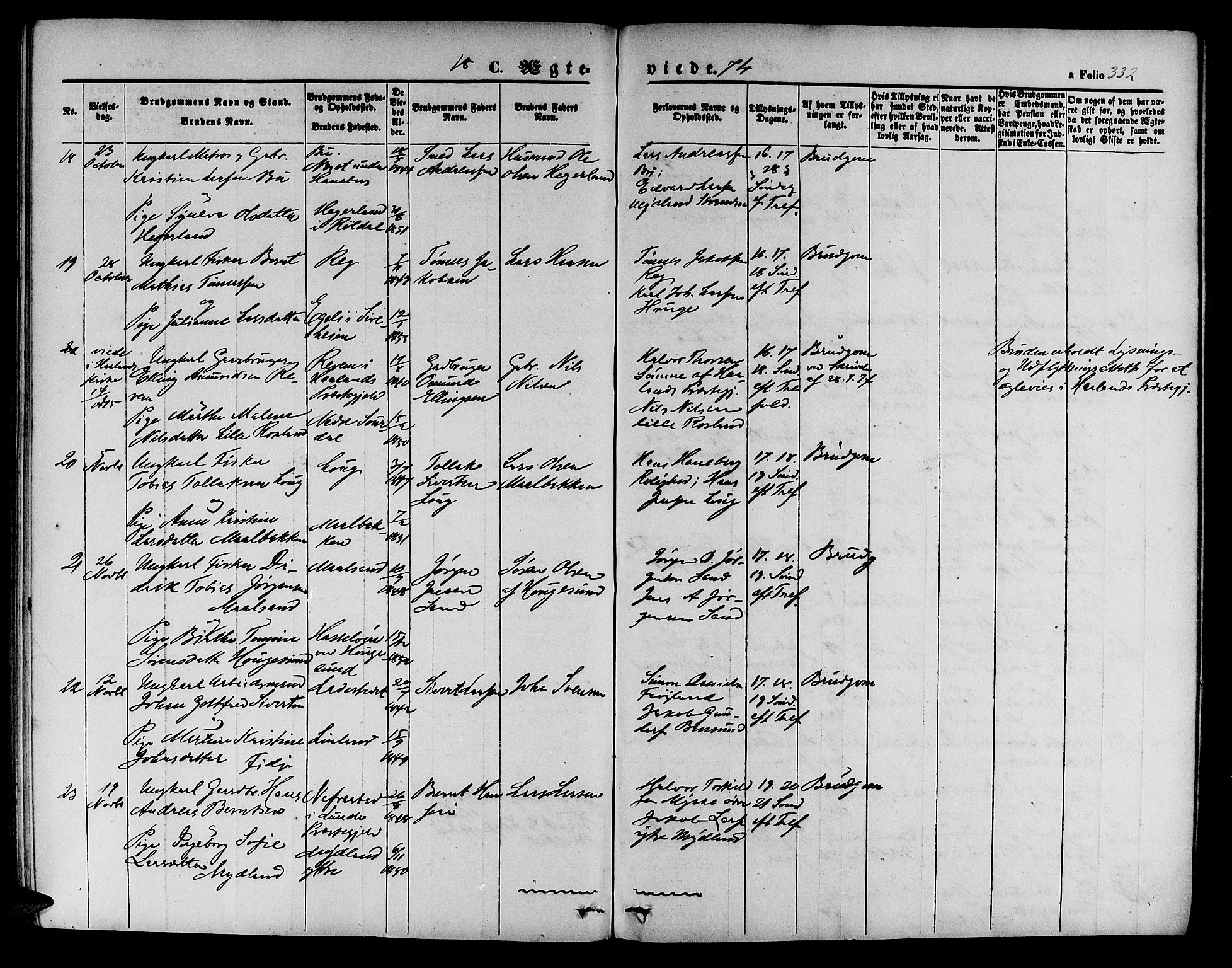 Sokndal sokneprestkontor, SAST/A-101808: Parish register (copy) no. B 3, 1865-1879, p. 332