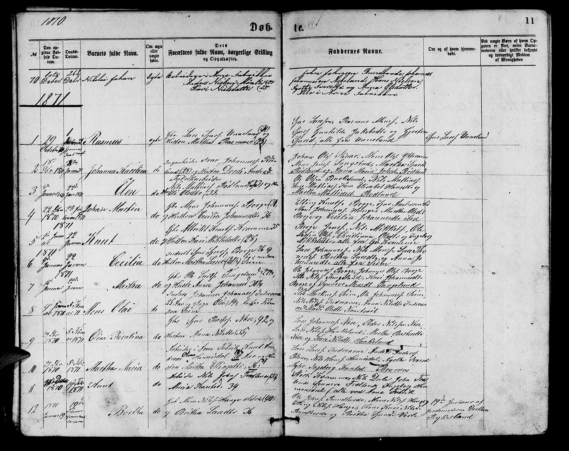 Arna Sokneprestembete, SAB/A-74001/H/Ha/Hab: Parish register (copy) no. A 1, 1869-1879, p. 11