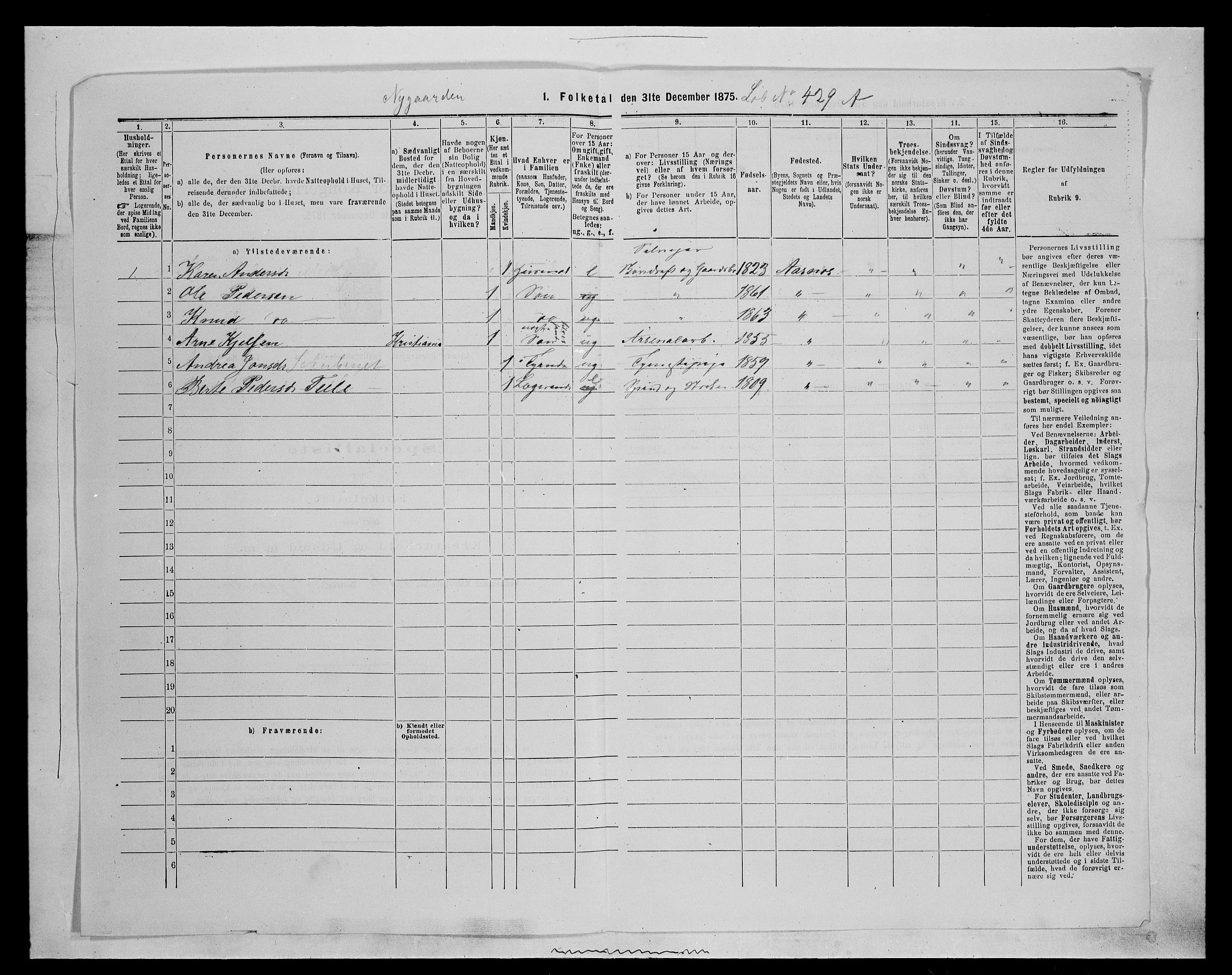 SAH, 1875 census for 0425P Åsnes, 1875, p. 309