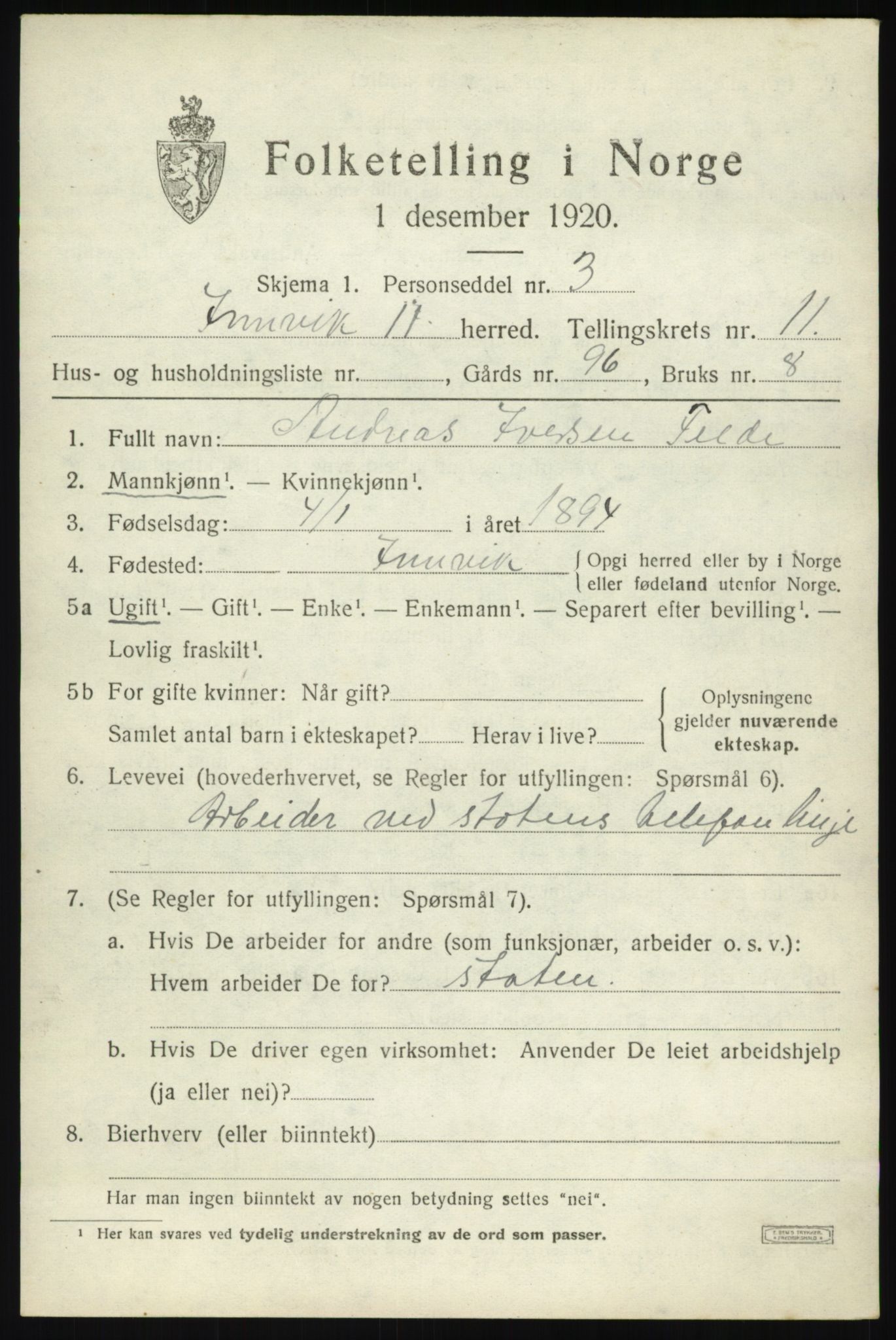 SAB, 1920 census for Innvik, 1920, p. 4643