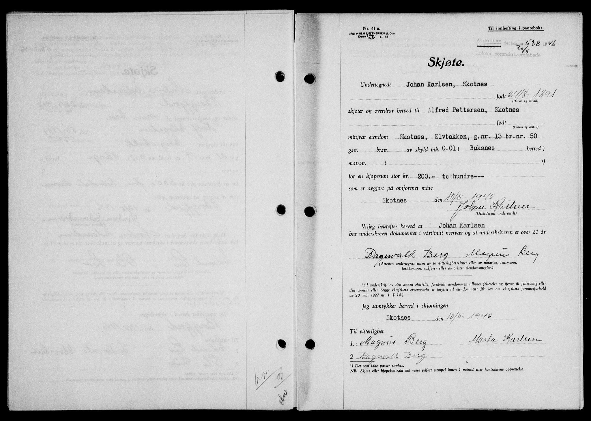 Lofoten sorenskriveri, SAT/A-0017/1/2/2C/L0014a: Mortgage book no. 14a, 1946-1946, Diary no: : 538/1946