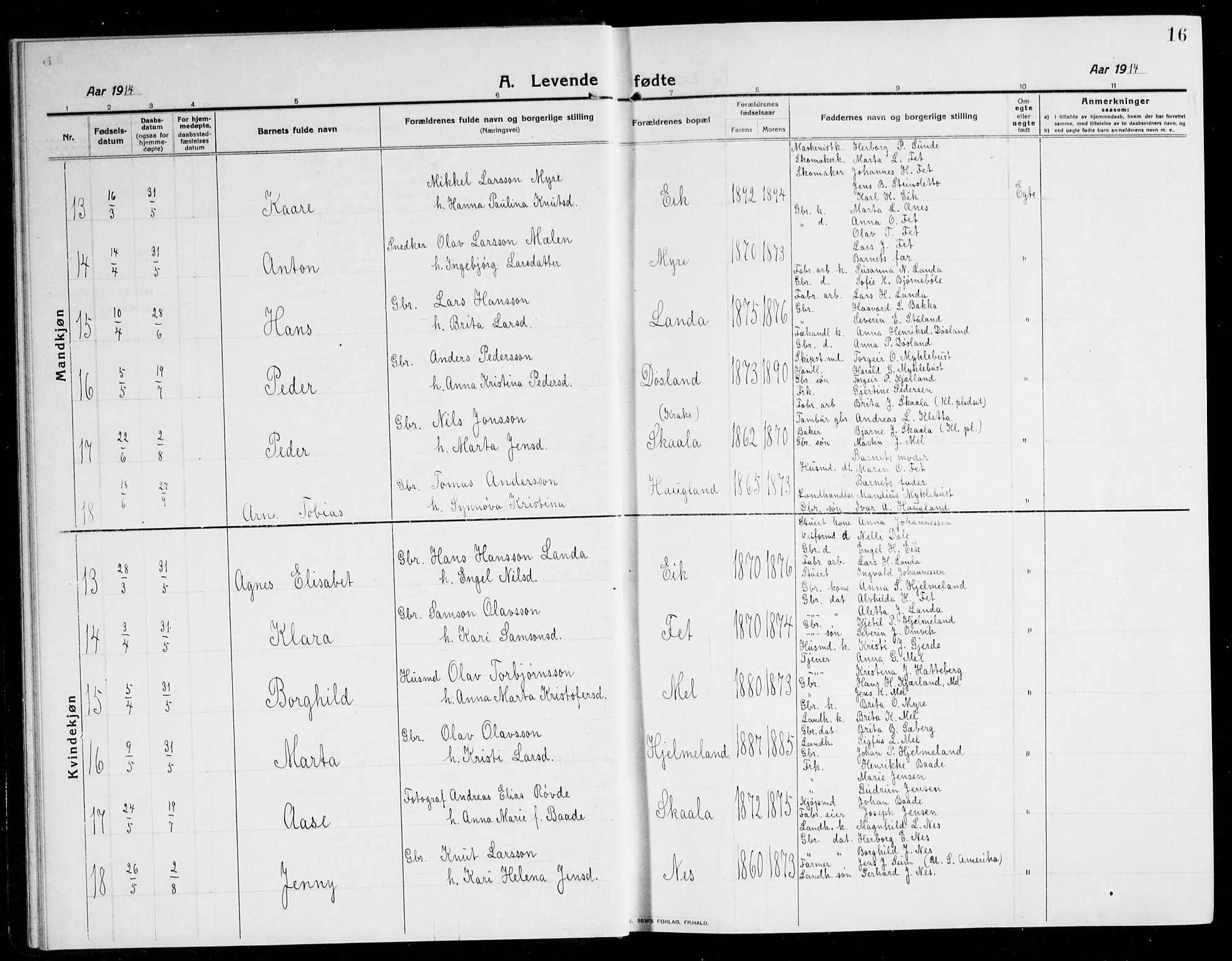 Kvinnherad sokneprestembete, SAB/A-76401/H/Hab: Parish register (copy) no. A 3, 1911-1945, p. 16