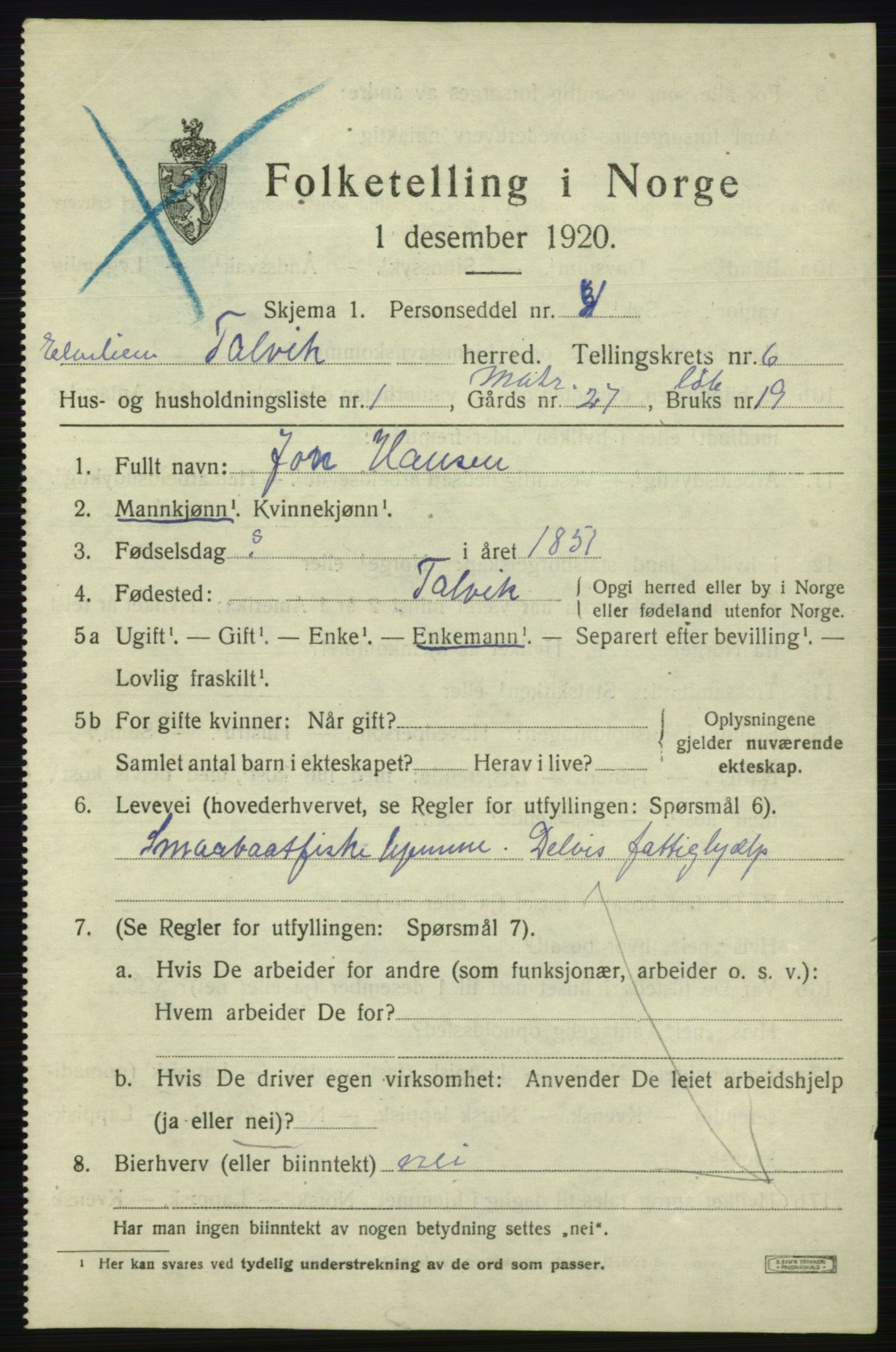 SATØ, 1920 census for Talvik, 1920, p. 3628